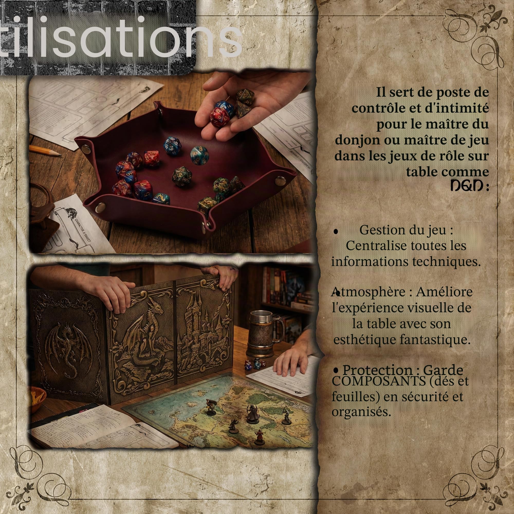 Ecran Maitre du Jeu Dungeon Master avec Bac à Dés DOJA Hobbies, DM Screen DND MJ Pliable 4 Panneaux en Simili Cuir Cuivre avec Inserts Personnalisables, Accessoire Donjons et Dragons Jeu de Rôle