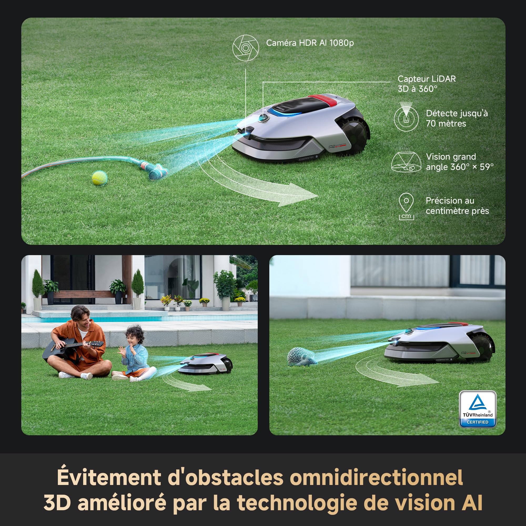 DREAME A2 3000 Robot Tondeuse sans Fil avec Garage Périphérique, 360° 3D LiDAR avec Caméra IA, Cartographie Double Fusion Pelouses 3000 m², évitement d'obstacles, EdgeMaster, Moteur Silencieux