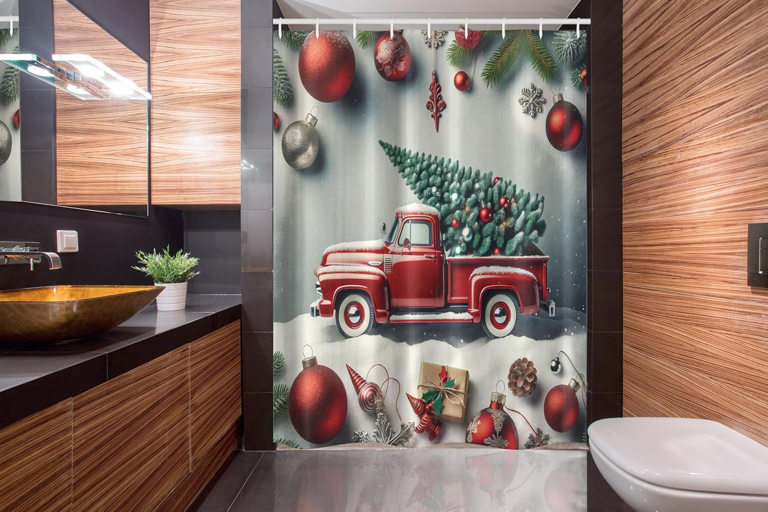Ambesonne Christmas Stall Shower Curtain, Vintage Red Truck with a Pine Tree and Holiday Season Ornaments Snowy Winter, Fabric Bathroom Decor Set with Hooks, 54" W x 78" L, Grey Teal Ruby