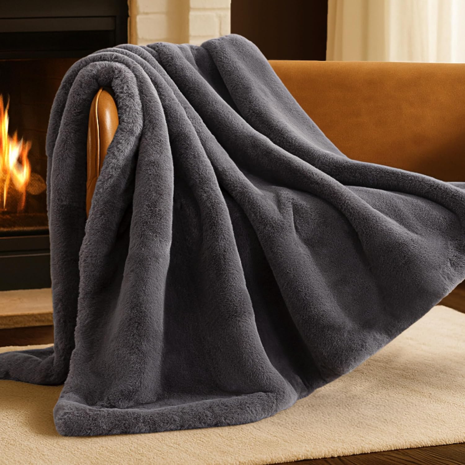 Bare Home Faux Fur Blanket - Ultra-Soft Luxurious - Cozy Warm Throw for Couch, Sofa, Chair, Bed - Fuzzy Fluffy Super Soft - Decorative Bed Blanket, 60x47 inches (Throw, Dark Grey)