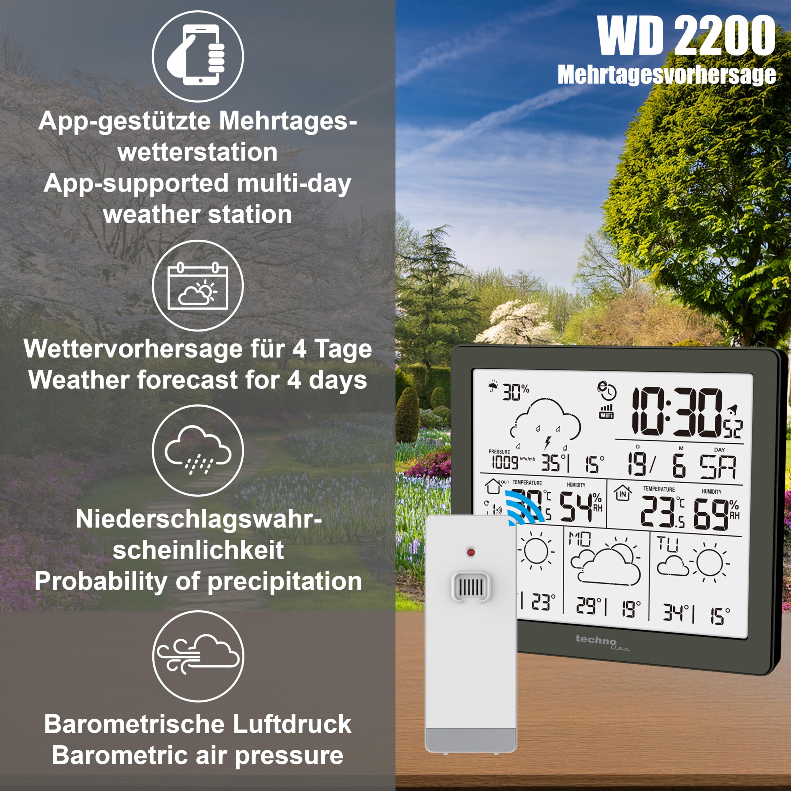 Stazione Meteo WLAN Technoline WD2700 – Previsioni 4 Giorni Con App, Temp. Interna/Esterna, Vento E Pioggia