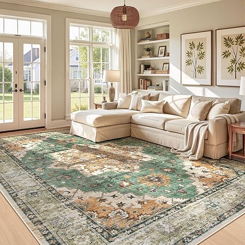 Miniatura 26 de Alfombra de Área 5x7 Alfombras Vintage: Alfombra Medallón Lavable para Interiores de Pelo Bajo Desgastada Alfombra de Piso Alfombras de Acento Retro