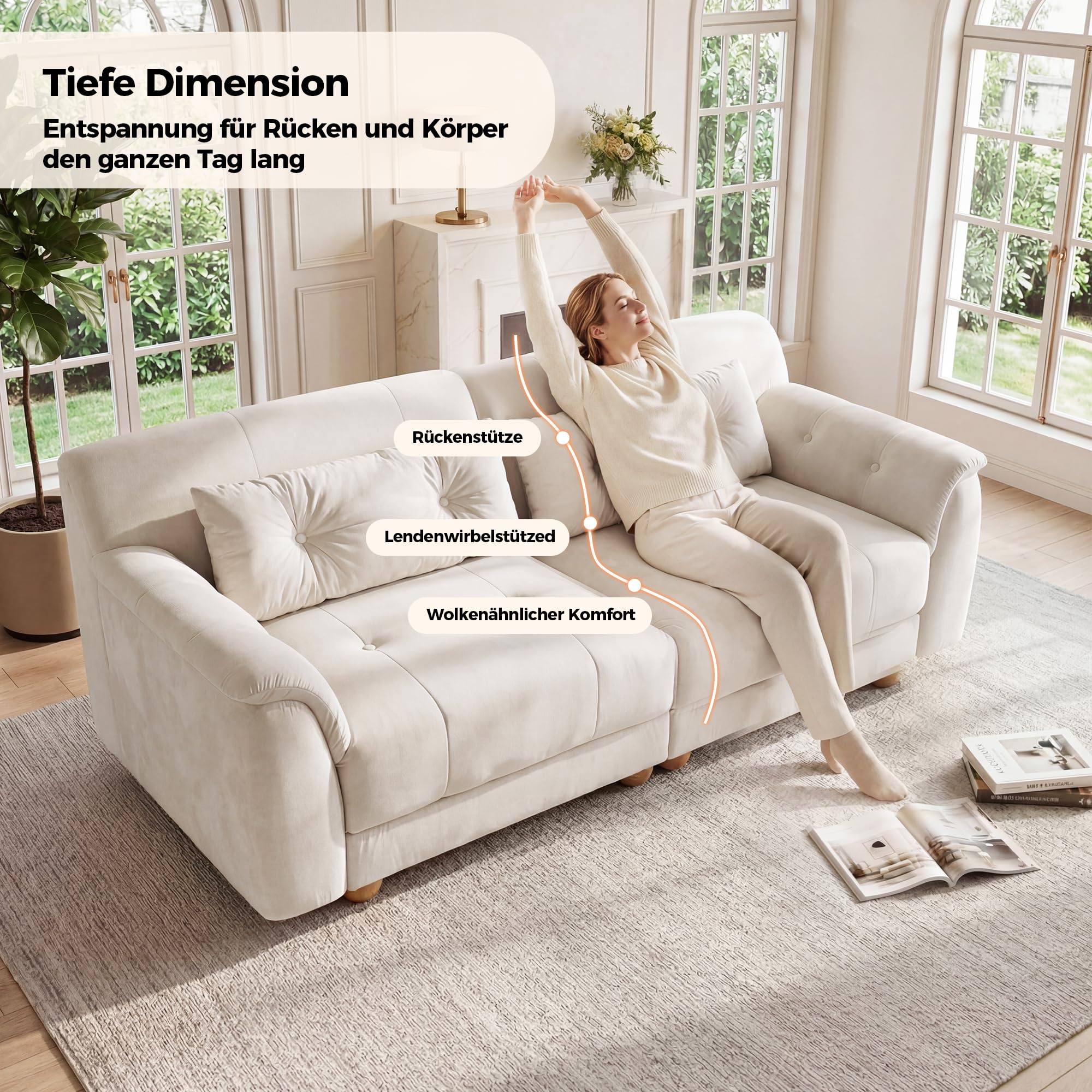BonVache 2 Sitzer Sofa mit Knopfheftung, 3 Sitzer Samtsofa mit 2 Rückenkissen und kugelförmigen Massivholzbeinen, Bequemes Couch mit 54 cm Sitztiefe, Couch für Wohnzimmer, Weiß