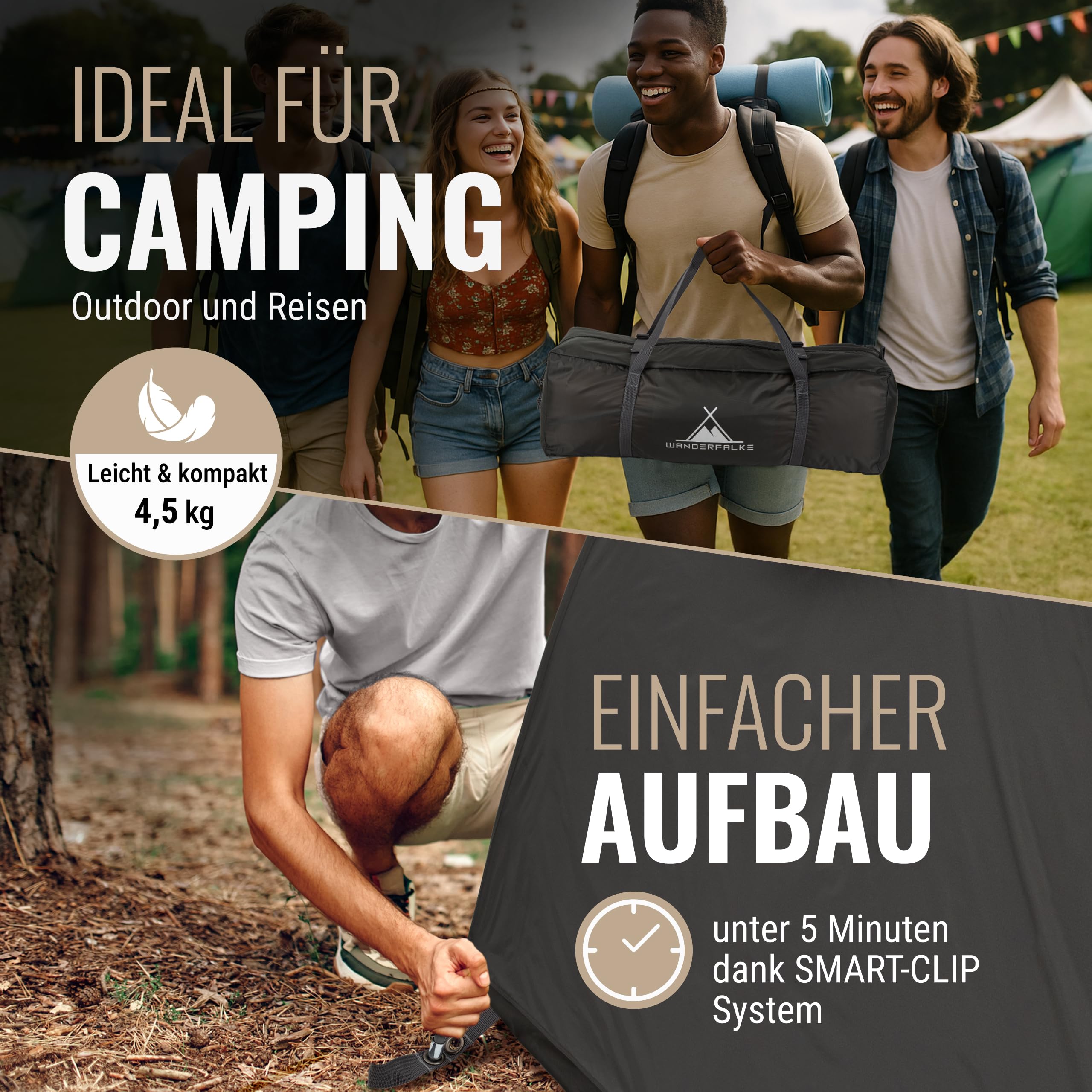 WANDERFALKE® Zelt 2-4 Personen wasserdicht 4.000mm, doppelwandig, leicht & kleines Packmaß, 2-4 Mann Zelt, Campingzelt mit Vorzelt, Familienzelt, Outdoor Zelte für Camping, Reise, Angeln