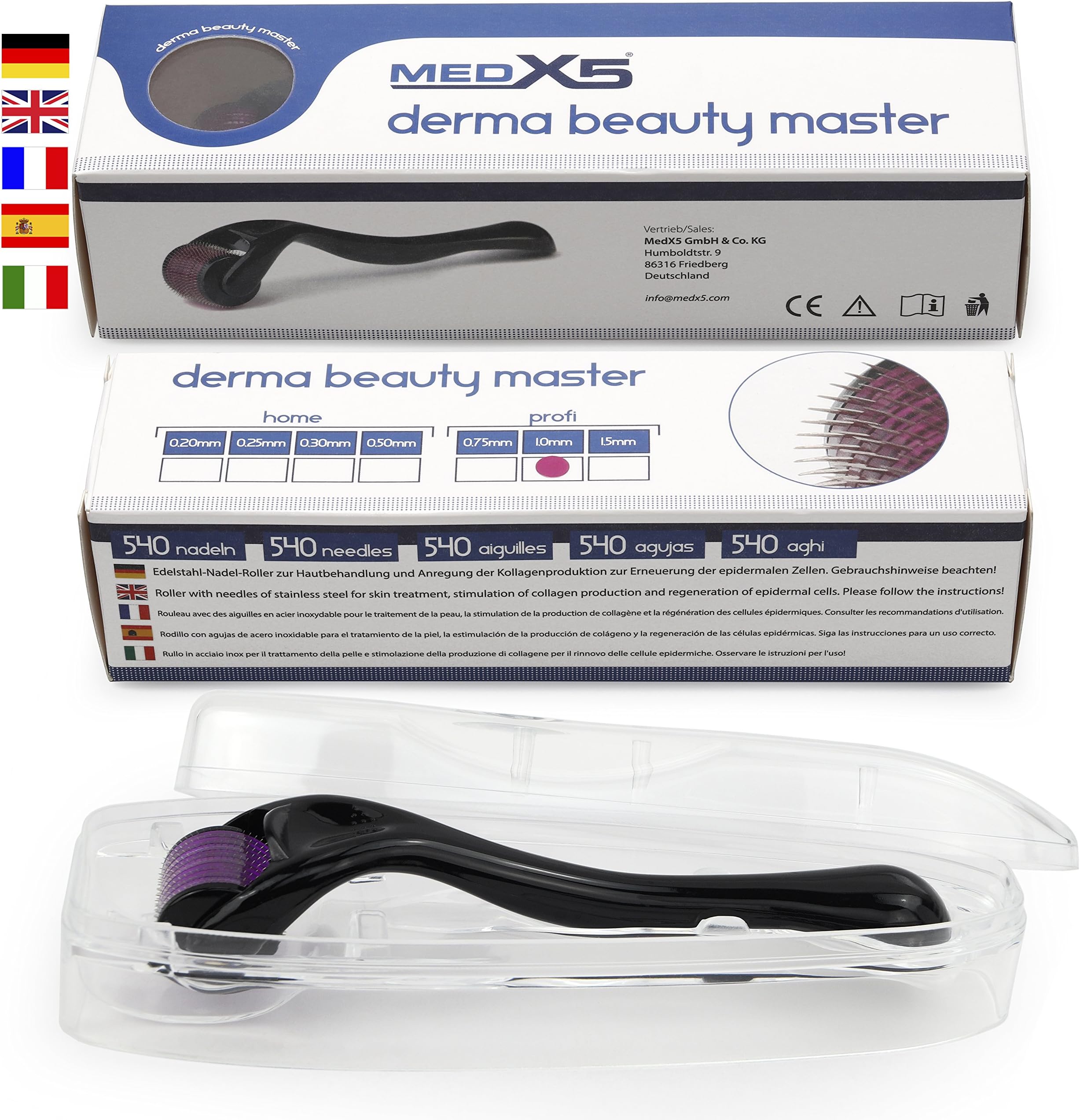 MedX5 (Upgrade 2019) 1mm Dermaroller (540 stainless steel needles), Derma roller against deep scars and cellulite, Medical Device Class I with CE