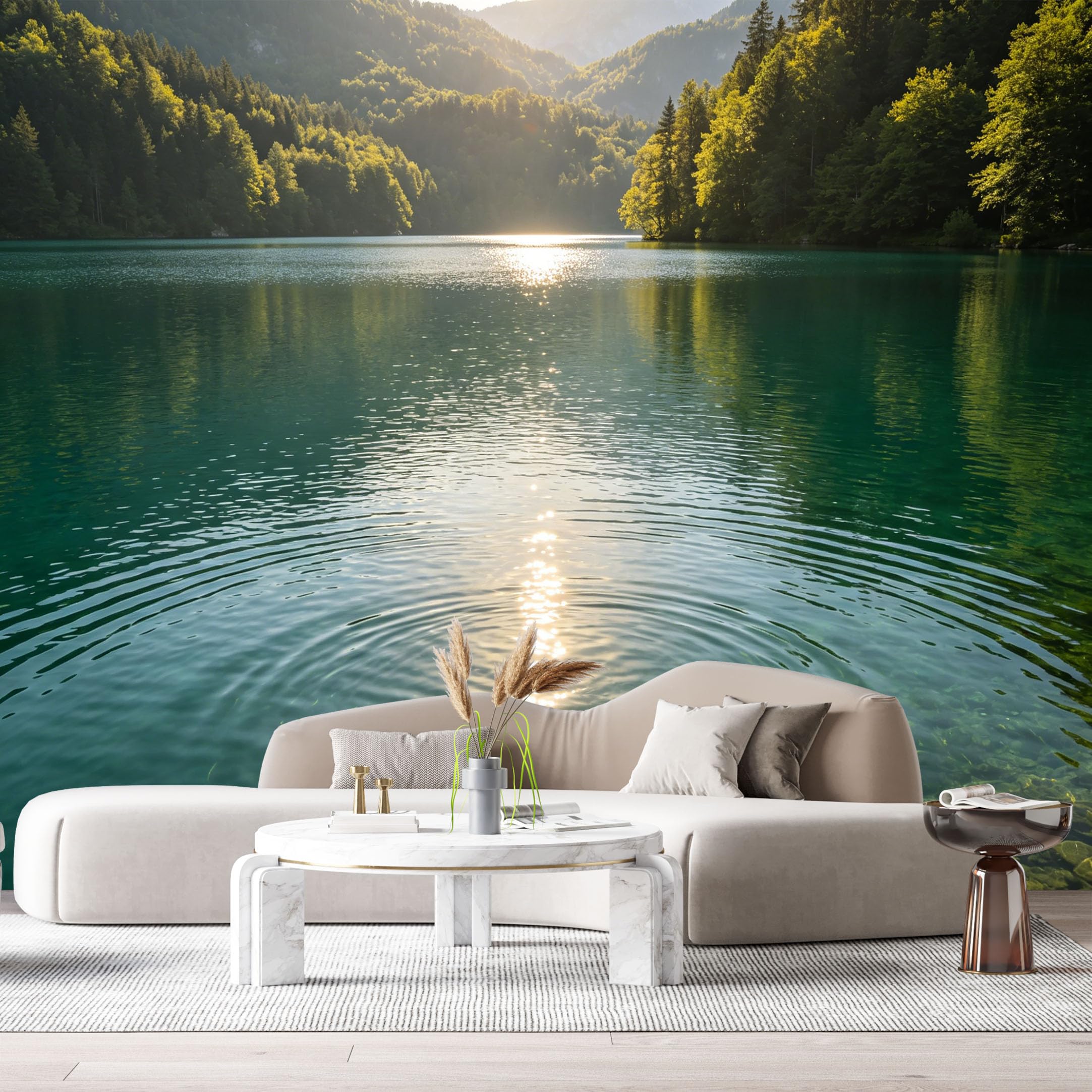 Custom Size Wall Murals Tranquil Lake Landscape Water Reflection Forest Mountain Sunlight SelfAdhesive Wall Fabric Removable Large Wallpaper for Photo Living Room