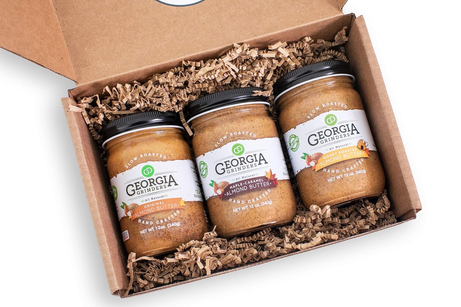 Georgia Grinders Almond Butter Gift Box Trio!! - Contains 1-12oz jar of each; Original Almond Butter, Honey-Roasted Almond Butter, Maple Caramel Almond Butter Simple and delicious!