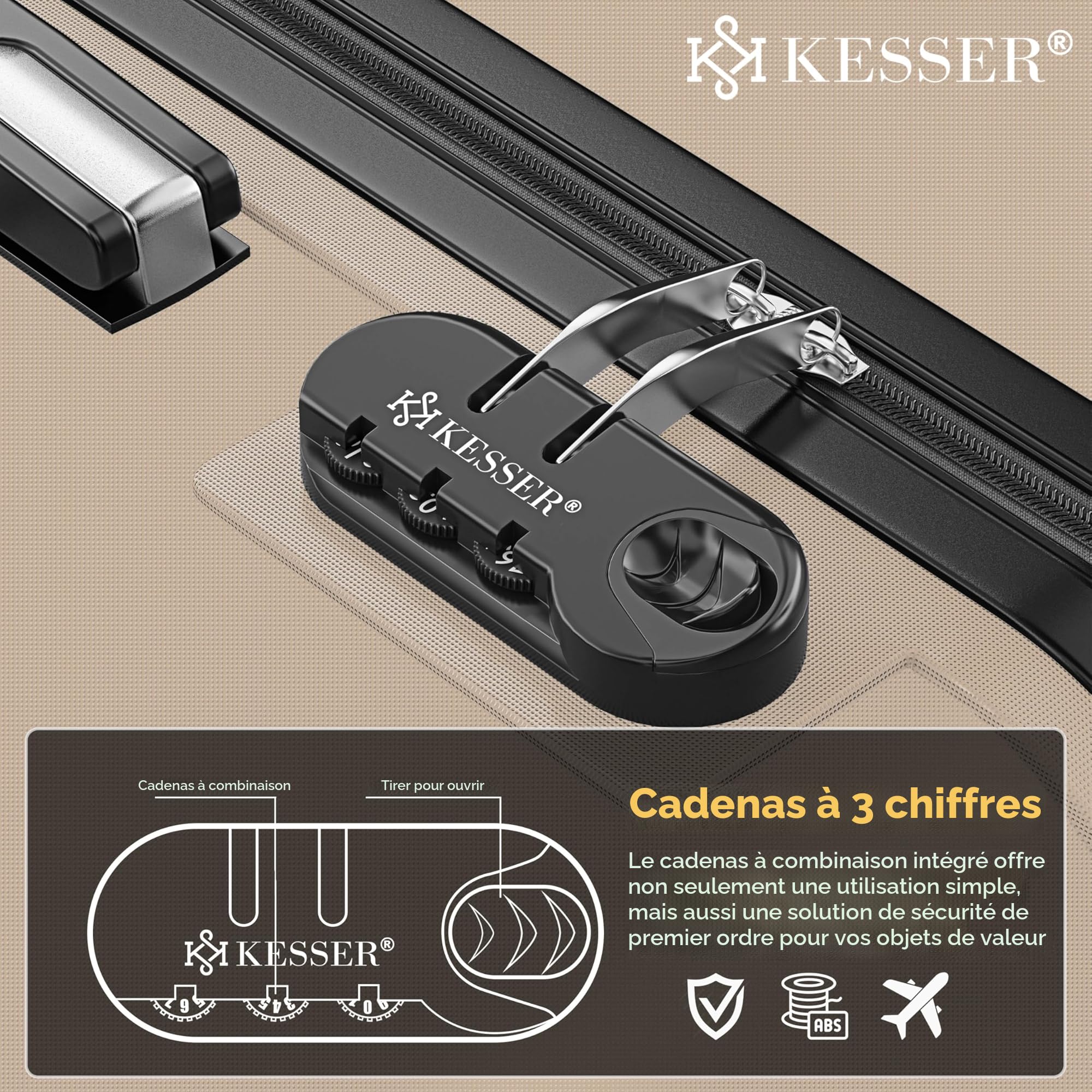 KESSER Valise de voyage rigide ABS 66cm avec pèse-bagage, trolley roulettes, poignée télescopique, champagne