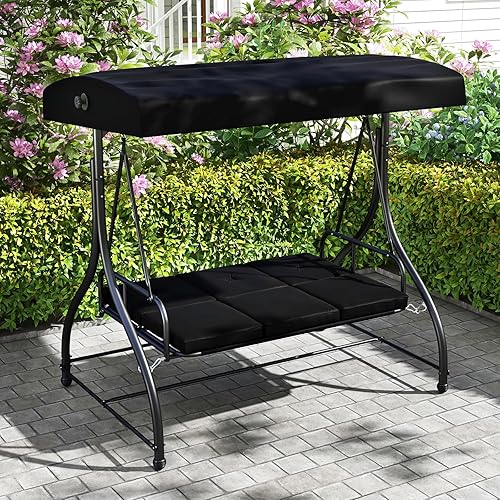 Miniatura 2 de HAPPYGRILL Columpio de porche para exteriores de 3 asientos, 2 en 1 con toldo ajustable, cojines extraíbles, almohadilla para los pies, pasamanos