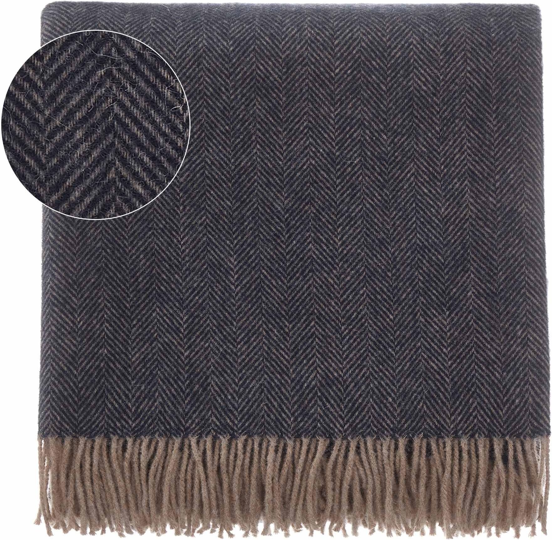 URBANARA 50% Alpaca Wool 50% Merino Wool Throw Corcovado 51x67 Dark Blue/Light Brown with Fringe — Blanket with Decorative Herringbone Weave Design — Perfect for Your Couch, Sofa, Bed, Chair