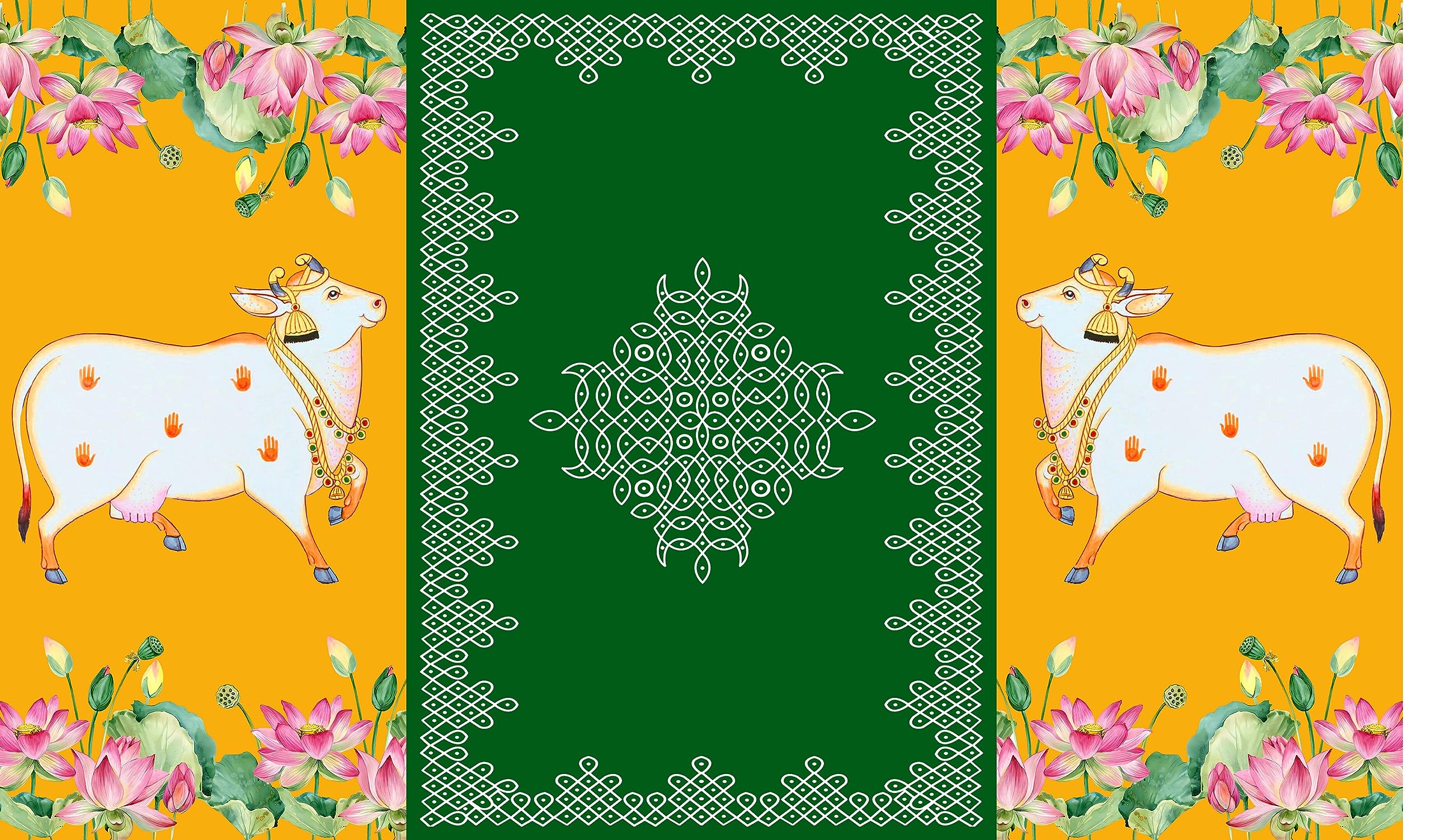 Backdropon Two Cows with Kollam (muggu) Design Backdrop Cloth for Pooja Decoration Traditional/Background Curtain Cloth for Festival Size 3 Feet Height and 5 Feet Width(3 * 5)-picture-38
