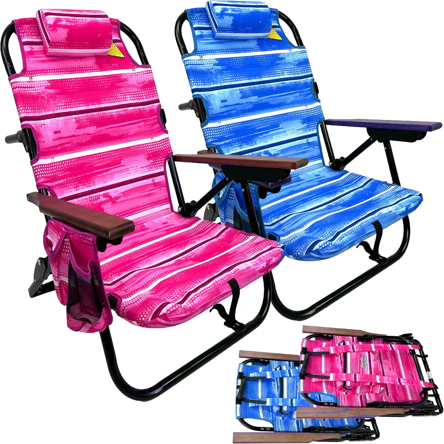 EasyGo Product Backpack Beach Chair 5 Reclining Positions Cup Holder Pouch on Side-Padded Pillow-Storage Bag on Back Lightweight Rustproof Aluminum Black Frame - 2 Pack Pink and Blue
