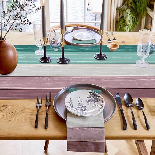 Miniatura 203 de Camino de mesa de algodón y lino estilo granja rústico retro, textura de madera de granero, color degradado marrón y gris, antideslizante,