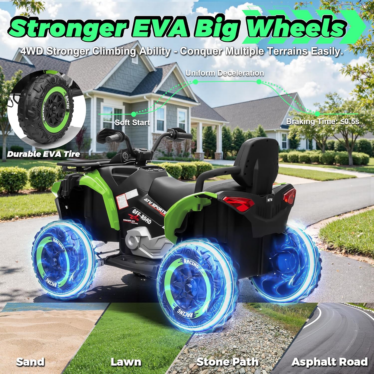 24V Ride on Car, Kids ATV XL Four Wheeler w/EVA Tires, 19-Inch Leather 2 Seater, 800W Motors, Remote Control, Knee Pads, Flower, 24 Volt Ride on Toys Quad for Big Kids, Green