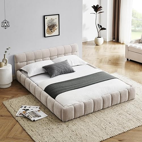 Miniatura 28 de Base de cama tapizada tamaño California King con tela de felpilla gruesa, cama de plataforma con cabecero copetudo, marco de madera maciza, diseño