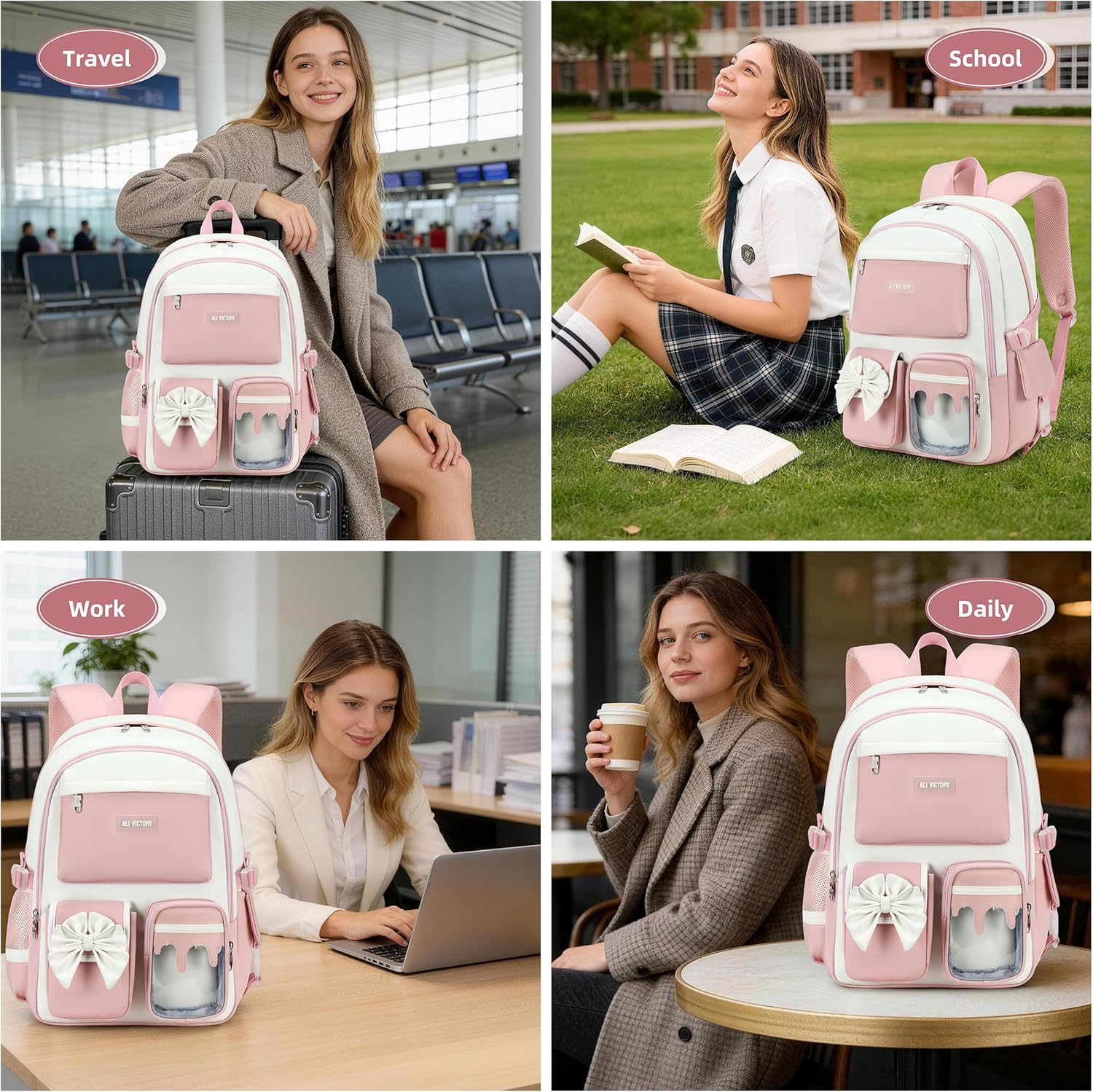 Laptop Backpack 16 Inch Kids Elementary Middle High School Bag College Backpacks Women Work Business Back Pack Travel Rucksack Large Bowknot Bookbag for Teens Girls Womens Students (Pink)