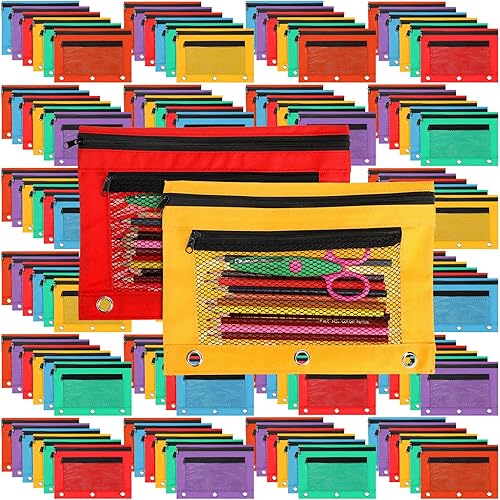 200 bolsas para lápices para carpeta de 3 anillos, bolsa de lápices con cremallera a granel, bolsa de doble bolsillo con malla de tela para ventana,