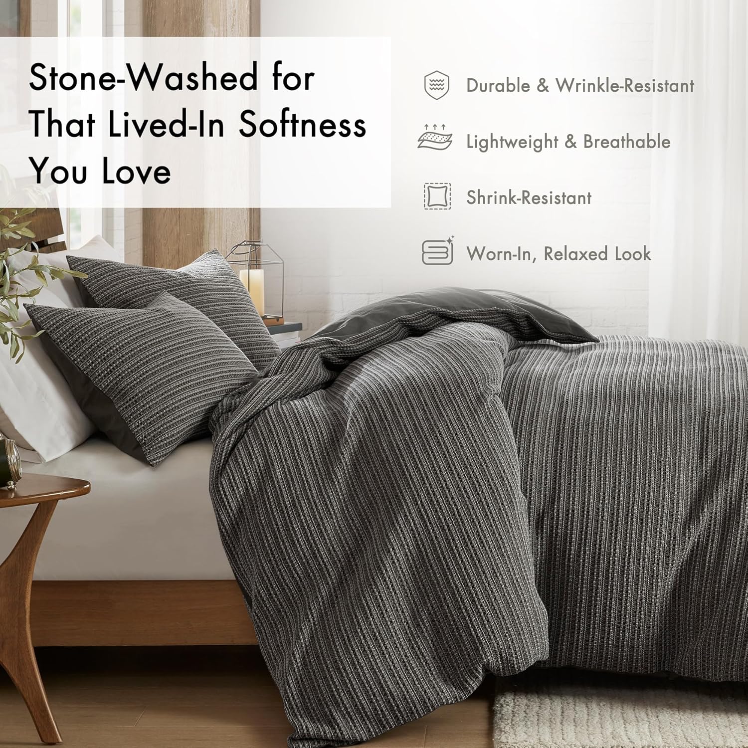 Woolrich Queen Duvet Cover Set Cotton Waffle Pre-Stone Washed, Oversized Duvet Cover Queen Size Bed, All Season Soft Bedding Cover Queen Size, Shams, Lyon, Full/Queen Charcoal 3 Piece