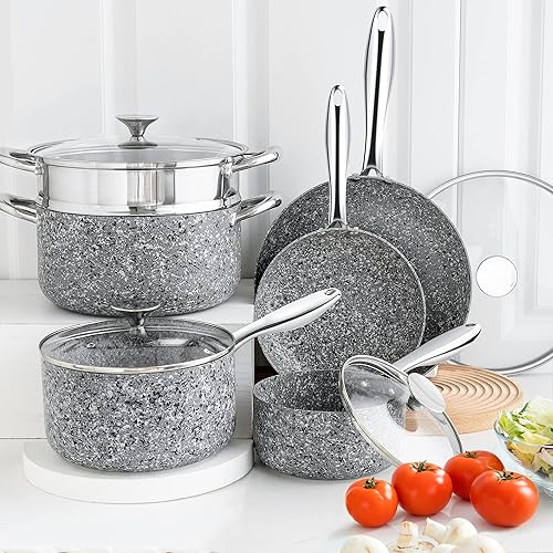 Miniatura 6 de MICHELANGELO Juego de utensilios de cocina de piedra de 10 piezas juego de ollas y sartenes ultra antiadherentes con revestimiento derivado de
