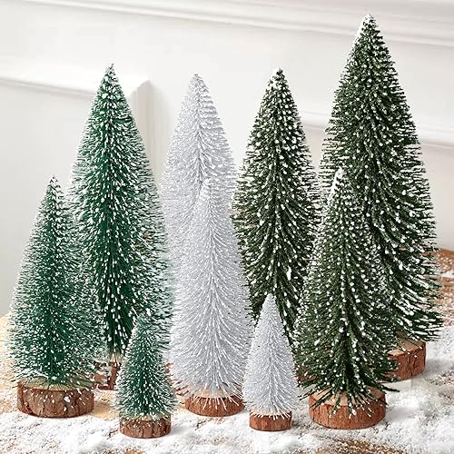 9 piezas de mini árboles de Navidad, decoración de Navidad artificiales con 4 tamaños, botella de árbol de Navidad, árboles de cepillo, decoración