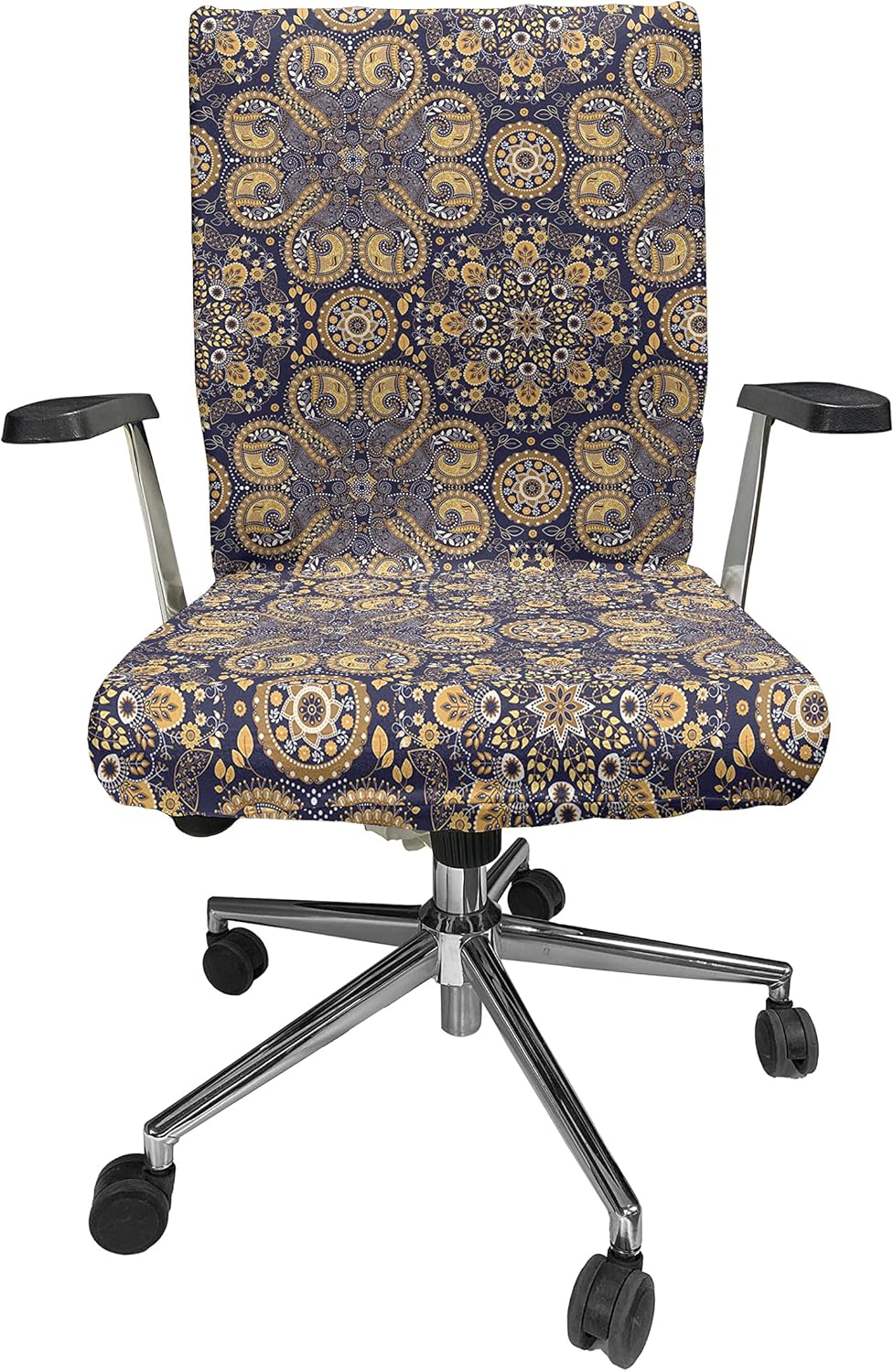 Ambesonne Mandala Office Chair Cover, Eastern Revival Curlicues Leaves and Rich Flora, Stretchable Decorative Universal Size High Back Printed Slipcover, Yellow Indigo