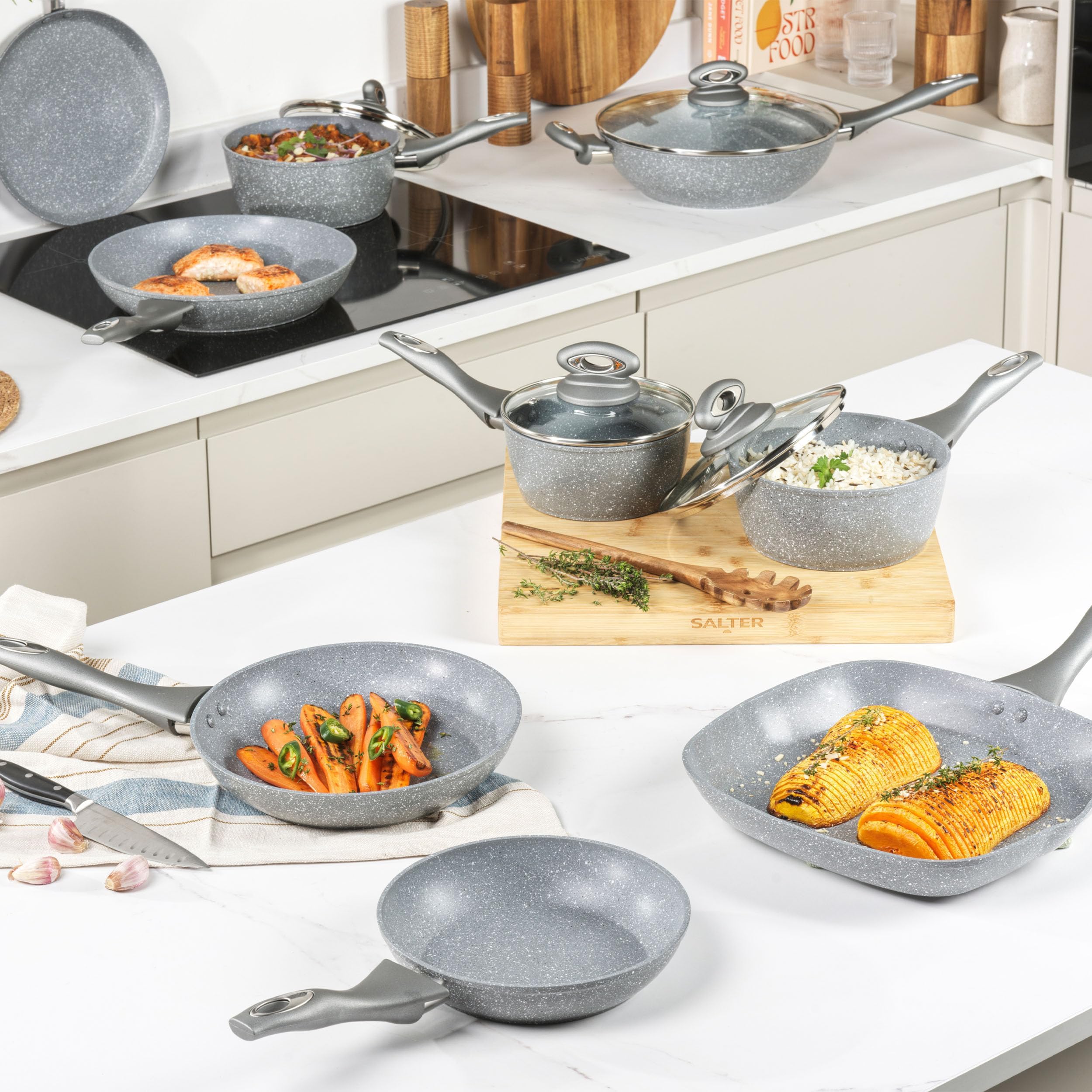 Salter BW02764G Sartén Antiadherente de Aluminio Forjado De La Colección Marblestone, Mango De Baquelita, 28 cm, Apta Para Lavavajillas, Revestimiento De Mármol, Gris