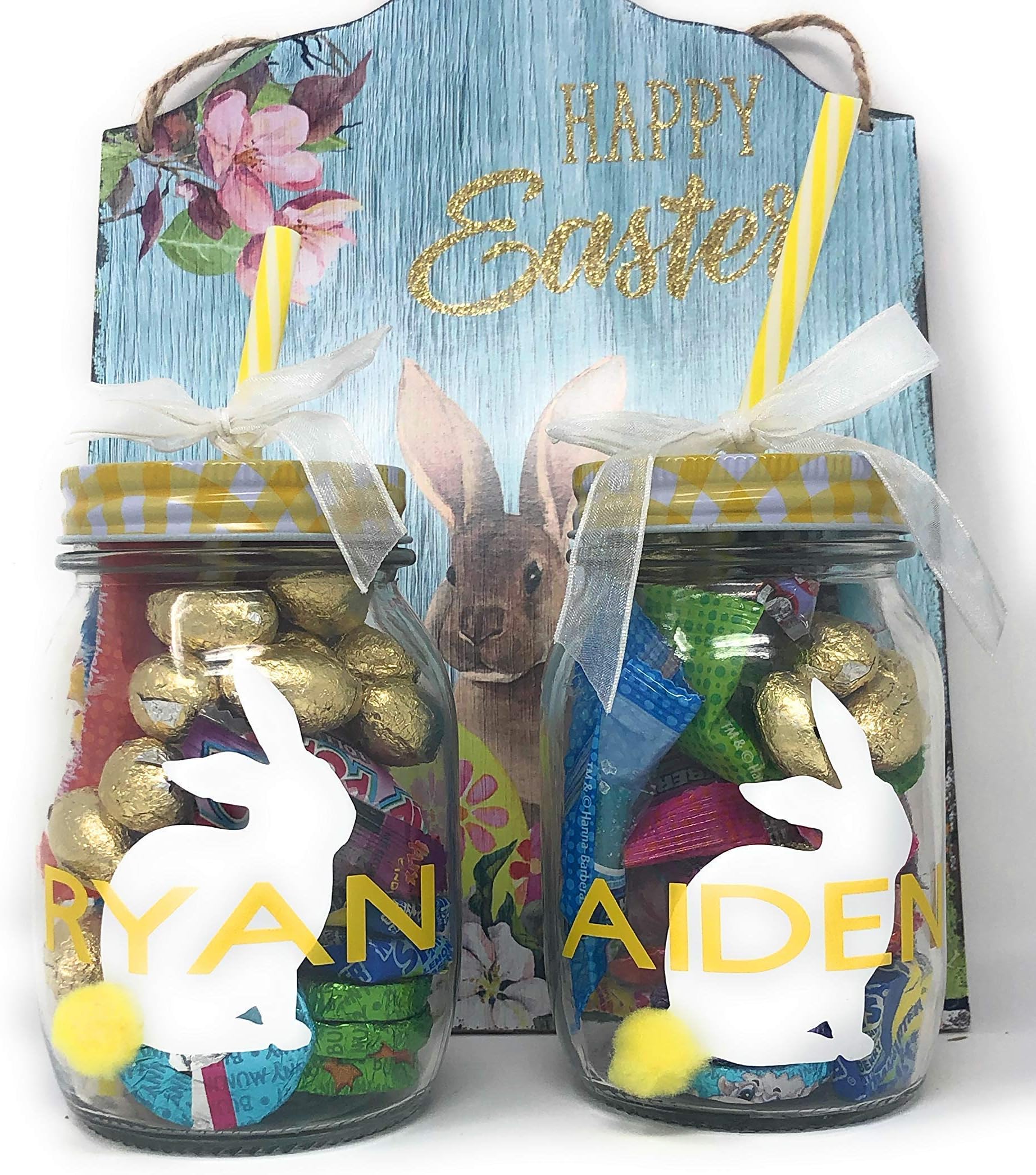 M&M Events Personalized Easter mason jar drinking cup. 1 Free personalized furry friend. 6.5 oz easter drinking cup filled with all kinds of delicious chocolate and assorted candy.