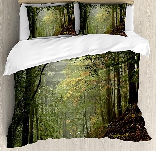 Ambesonne Juego de funda de edredón con diseño de bosque, bosque otoñal brumoso con árboles sombreados, escena de bosque de ensueño brumoso, juego