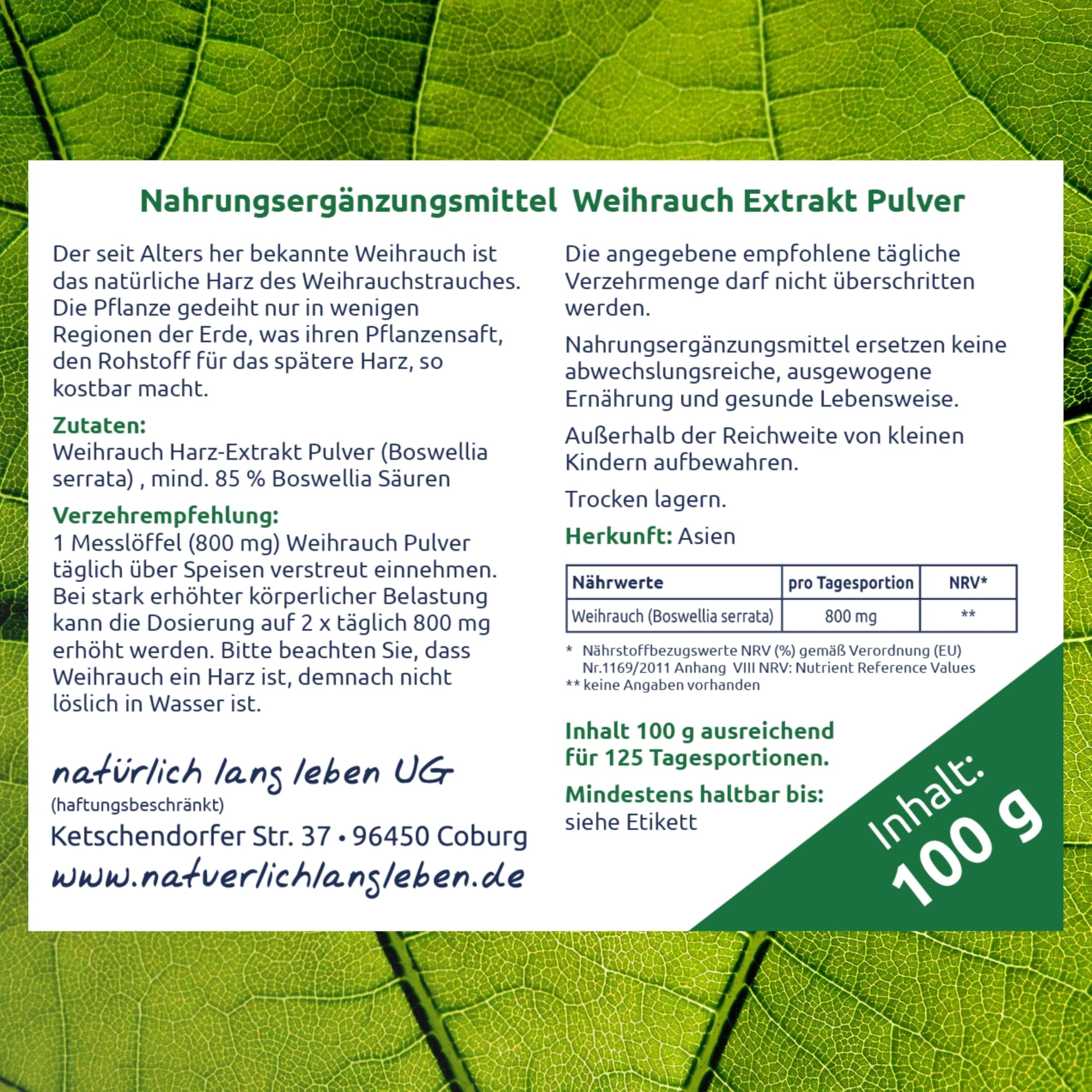 Weihrauch Extrakt Pulver 100g (Indischer Boswellia serrata) - 85% Boswelliasäure - optimal dosiert, vegan, schonend gewonnen & ohne Zusätze - natürlich lang leben®