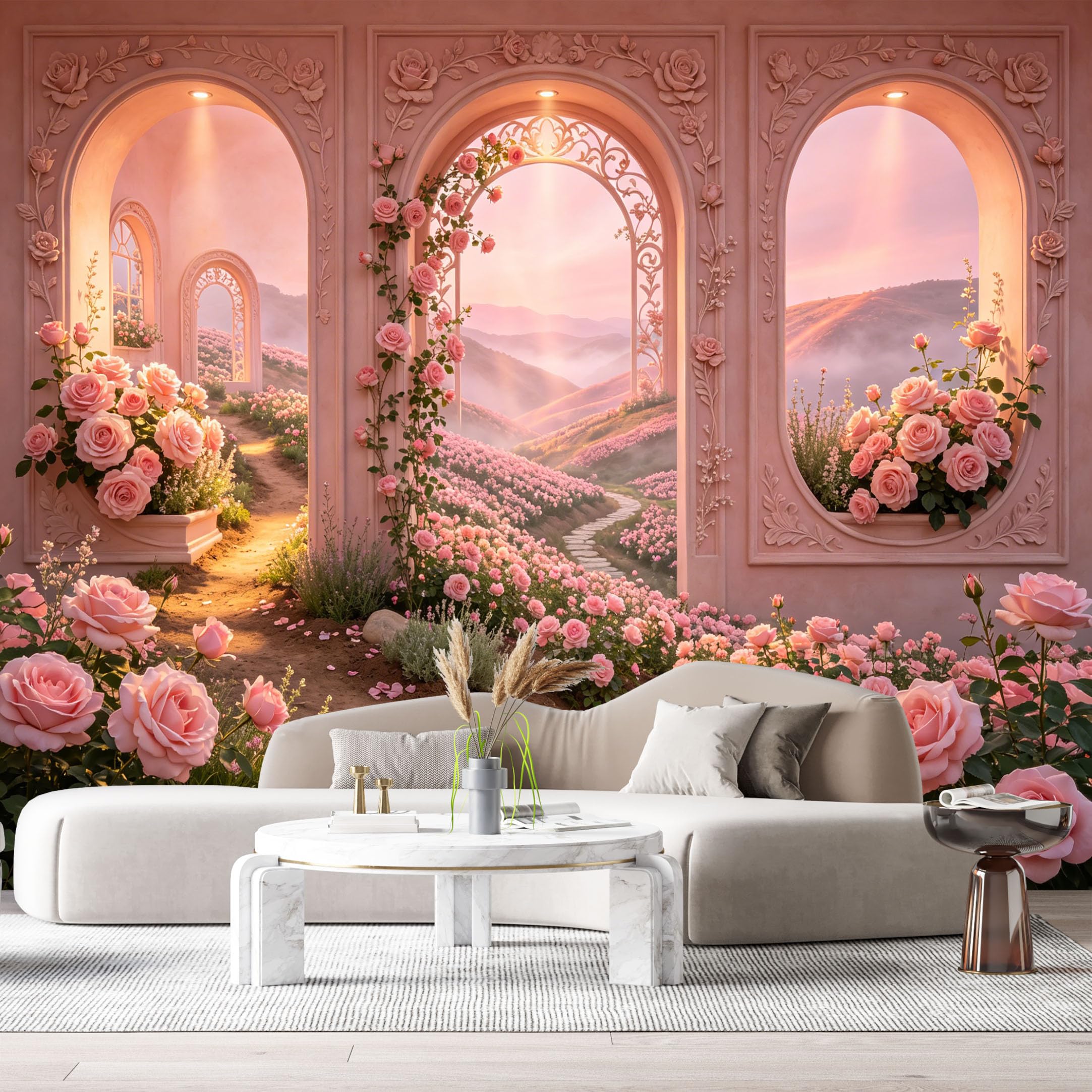 Custom Size Wall Murals Magical Garden Dreamy Pink Roses Archway Landscape Watercolor Oil Painting 3D Trompe L'Oeil SelfAdhesiveWall Fabric Removable Wallpaper Wall Decor for Living Room