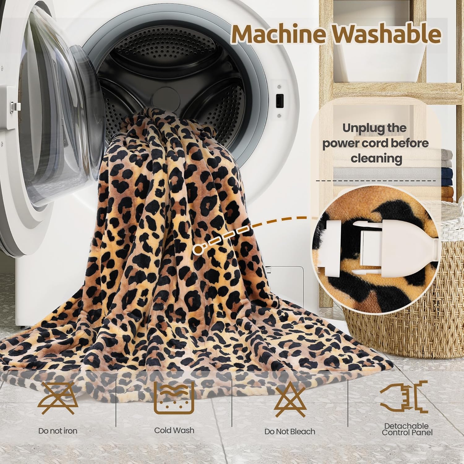 Electric Blanket Twin Size - Reversible Sherpa & Flannel, 62"× 84" Heated Throw Blanket with 6 Heat Settings & 1-12H Timer, Machine Washable, Warm Gift for Women, Leopard - Image 7