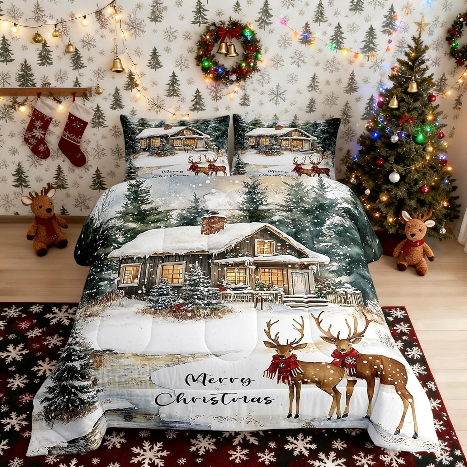Merry Christmas Comforter Set Queen Size,Elk Deer Rustic Cabin Bedding Set for Kids Boys Girls Room Decor,Snowflake Winter Theme Duvet Insert 3Pcs,Wild Animal Woodland Quilt Set,2 Pillowcases