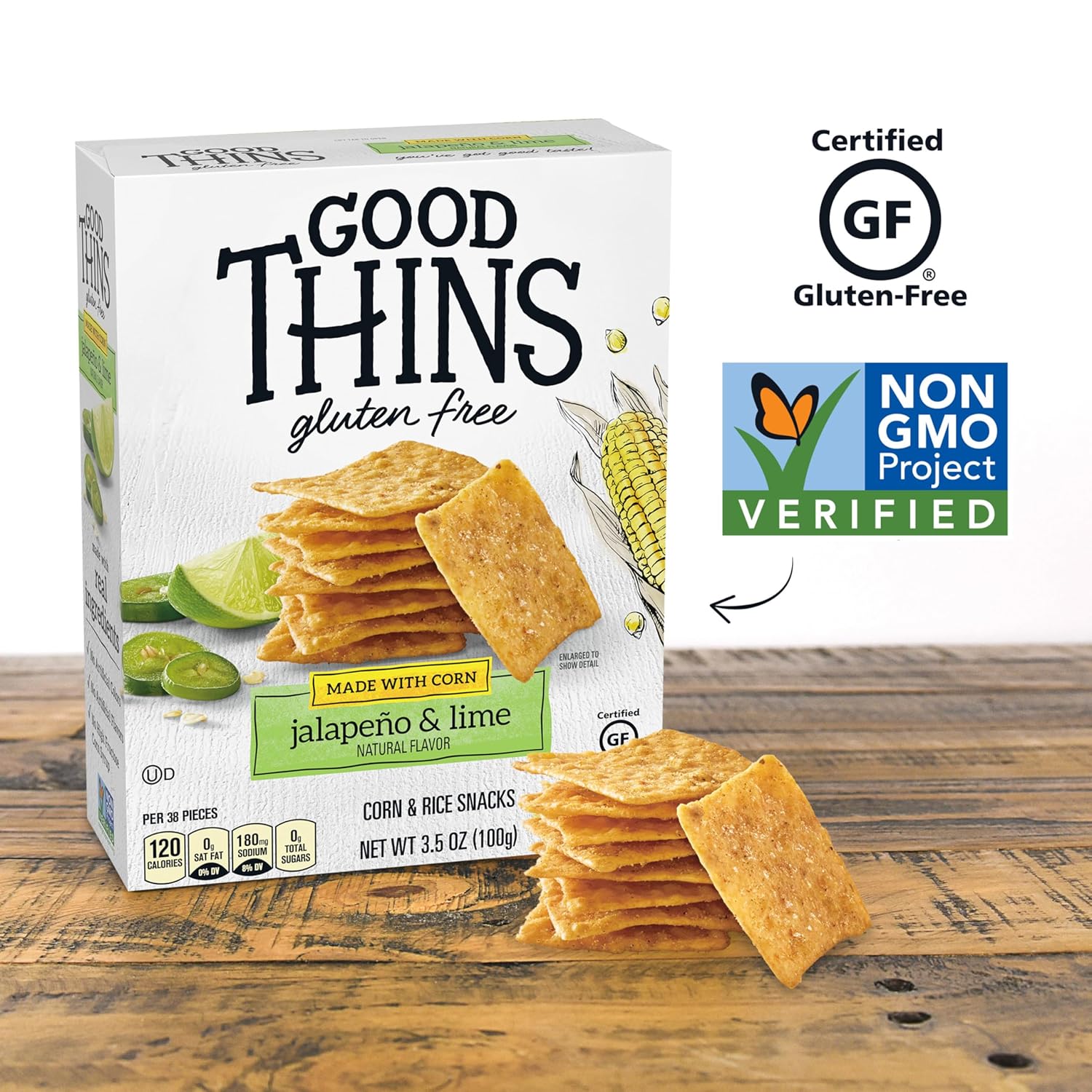 Good Thins Jalapeño & Lime Corn & Rice Snacks Gluten Free Crackers, Bulk Snack Crackers, 6 - 3.5 oz Boxes