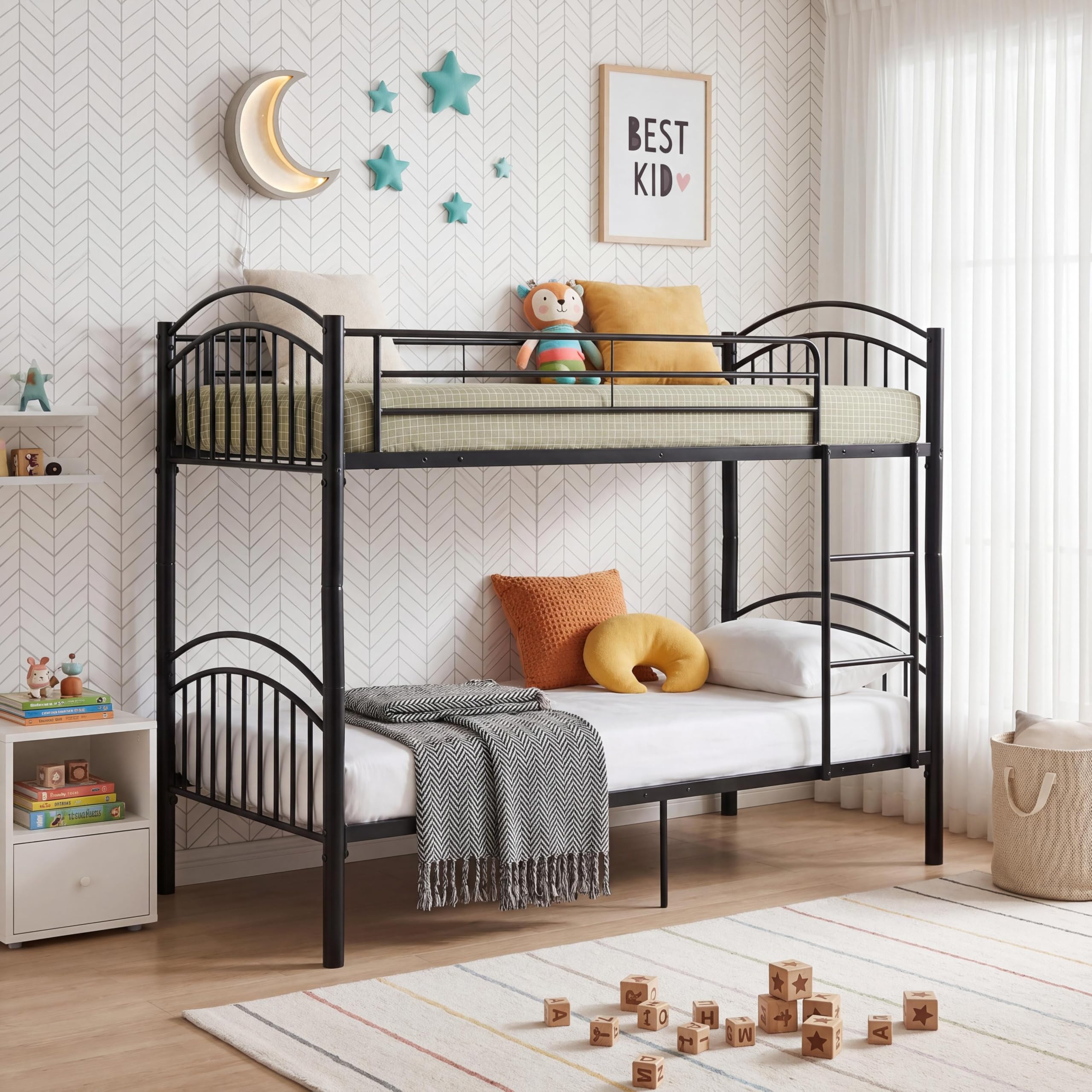 Panana Metal Single Bunk Bed Twin Sleeper Frame 3FT with Ladder Bedroom Steel Bedstead for Kids Teenagers Adult,Can split into 2pcs 3FT Beds (Black)