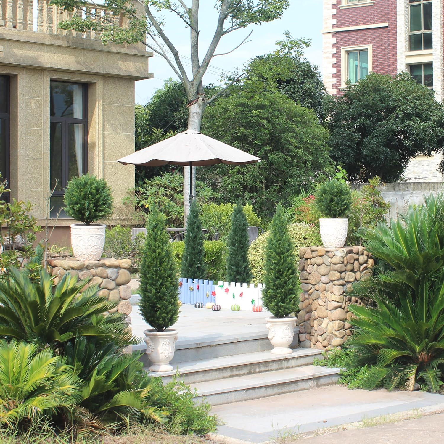 4FT Artificial Cedar Topiary Trees UV Resistant Potted Plant Set of 2 Faux Pine Trees Fake Shrubs Artificial Plants for Front Porch Garden Indoor Outdoor - Image 5