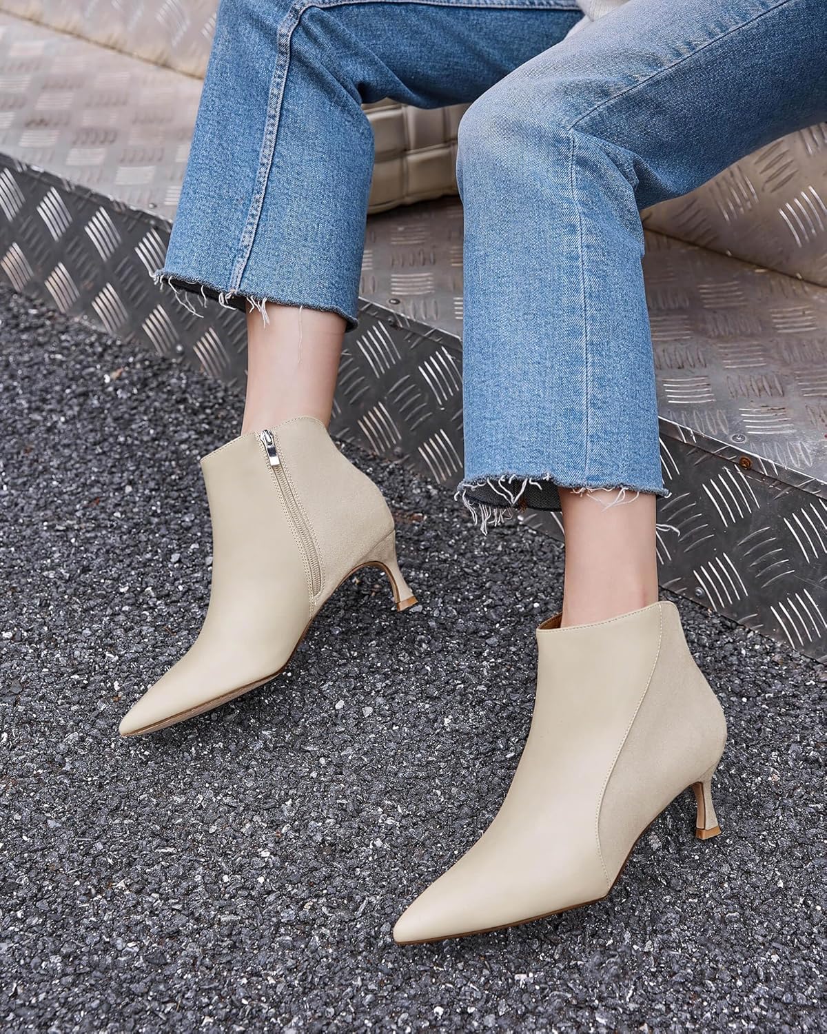 Coutgo Womens Kitten Heel Ankle Boots Pointed Toe Side Zipper Fall Winter Booties Shoes - Image 3