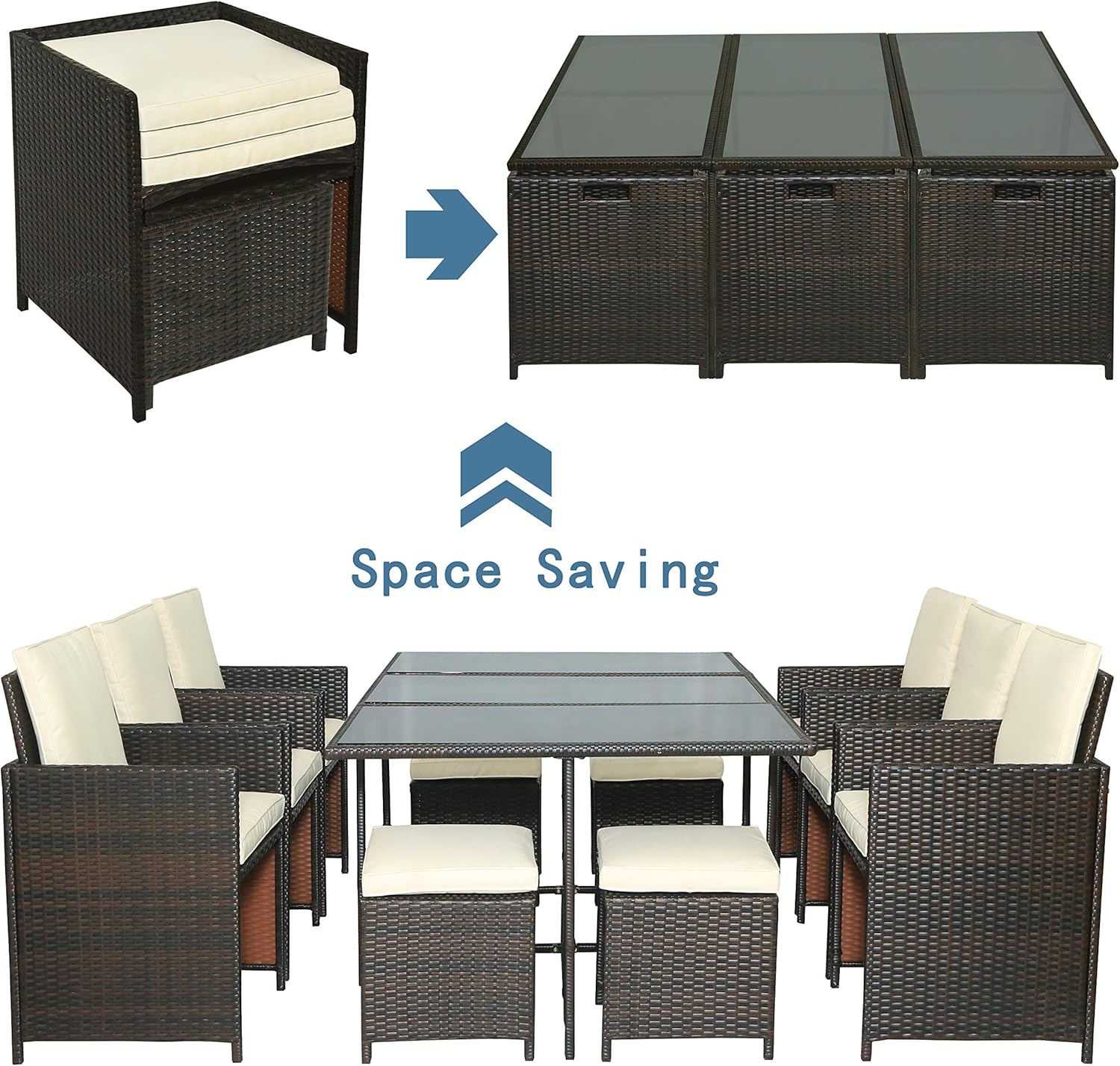 Luxurious Outdoor 11 Pieces Rattan Dining Sets, Best Patio Wicker Conversation Set with Cushions for Backyard Poolside Balcony, Patio Furniture Set, 6 Armchairs, 4 x Stools and 1 Table, Onesize