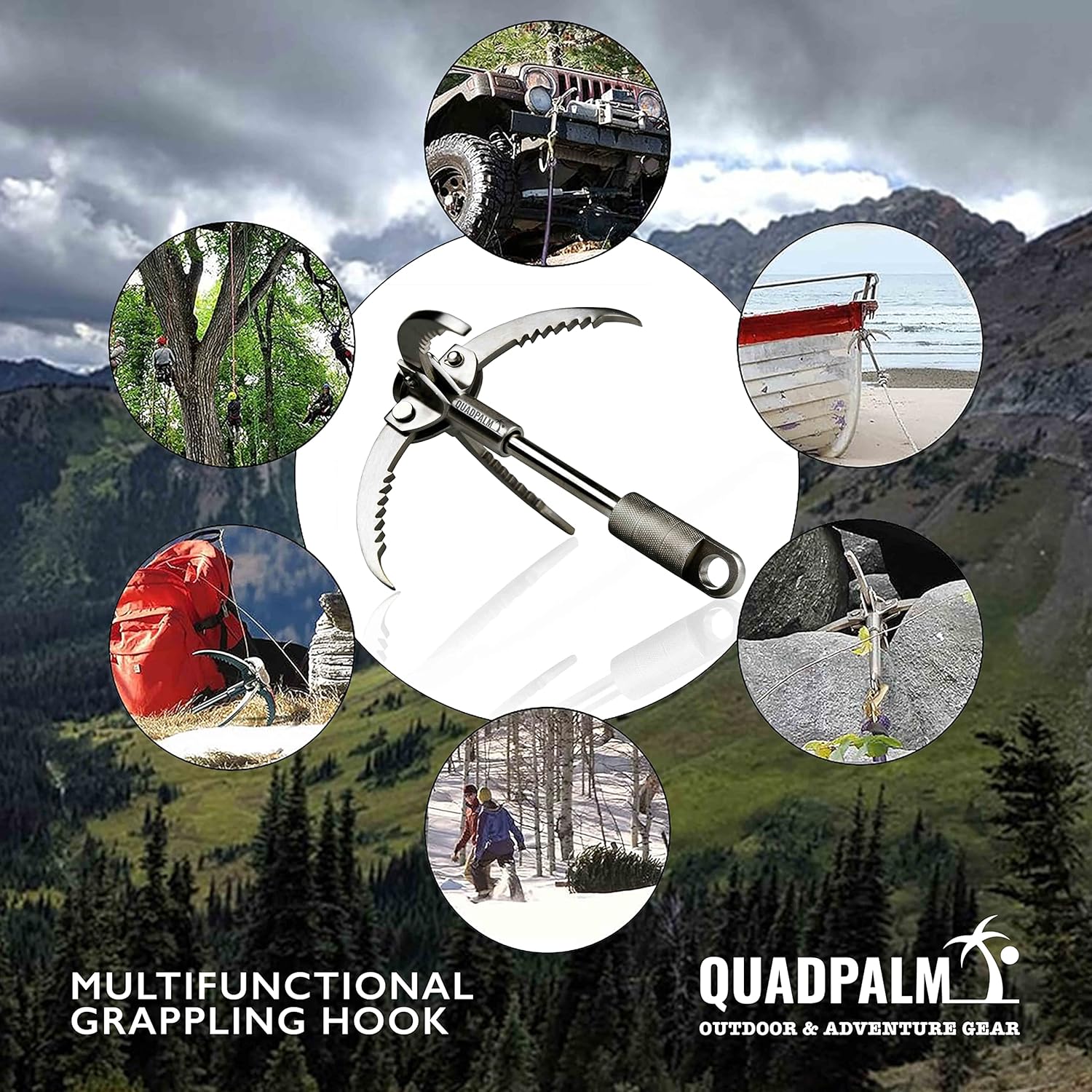 Heavy Duty Survival Grappling Hook – Multifunctional QUADPALM Grapple Hook - 4 Stainless Steel Folding Claws - Survival Gear - Outdoor Camping Hiking Tree Rock Mountain Climbing Equipment