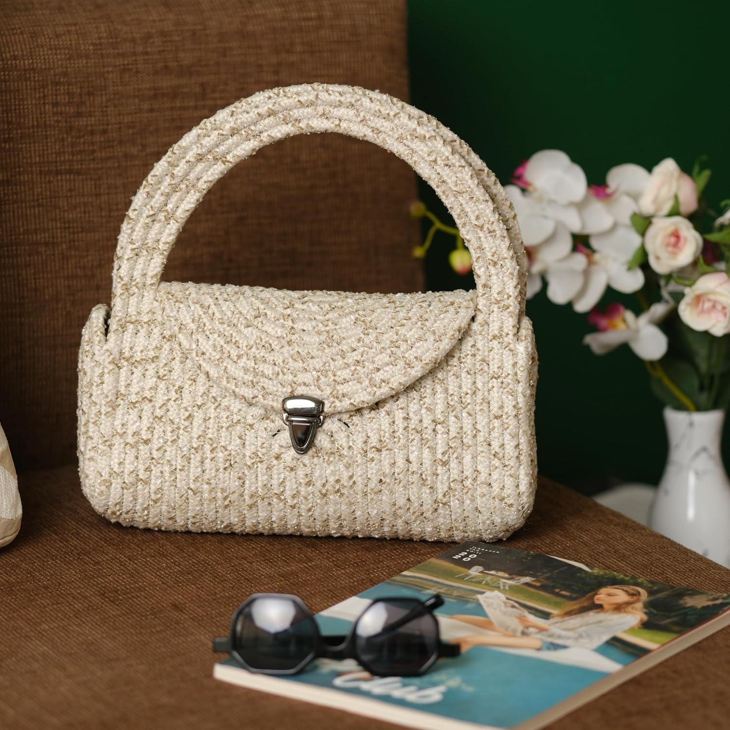 Straw Clutch Purse for Women, Small Summer Jute Handbag, Beachy Vacation Raffia Bag, Woven Resort or Coastal Purse - Cream