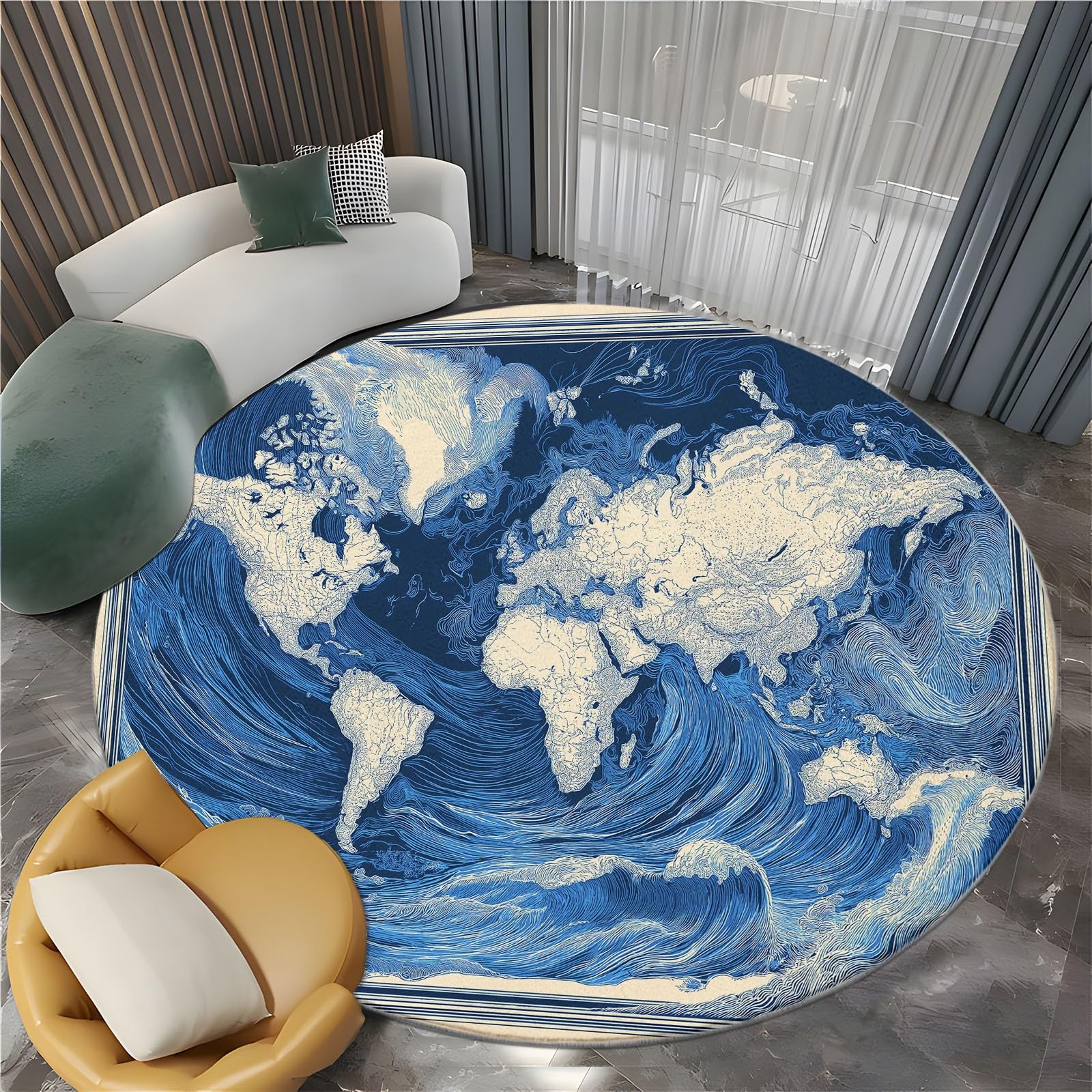 Générique Tapis Salon Rond Affiche Rétro Carte du Monavec Vagues L'Océan 150 cm Tapis Rond, Chambre Impression 3D Moderne Bleu Moquette Antidérapant Lavable Machine pour Salon Salle à Manger Bureau