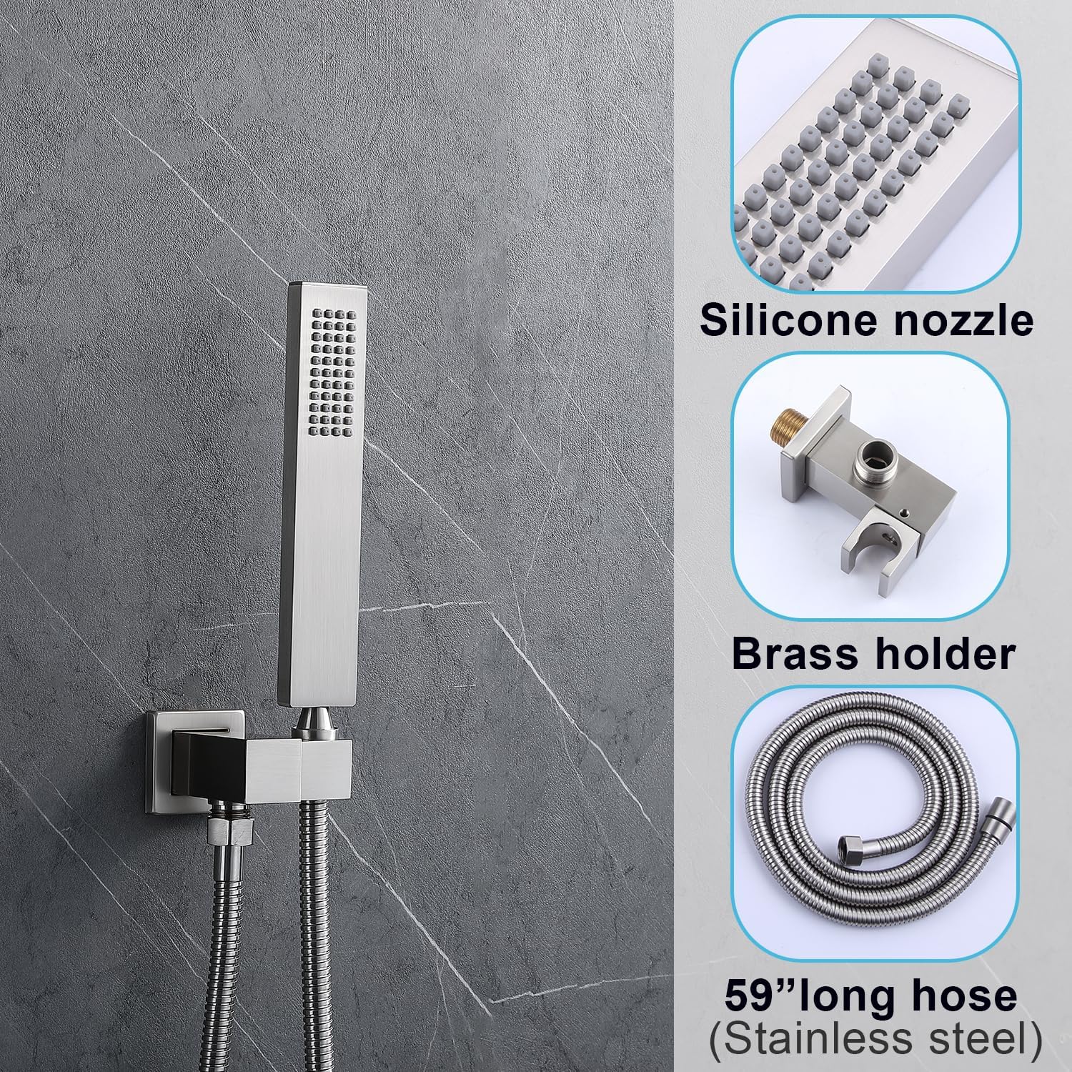 Handheld shower head with silicone nozzles, brass holder, and 59-inch stainless steel hose