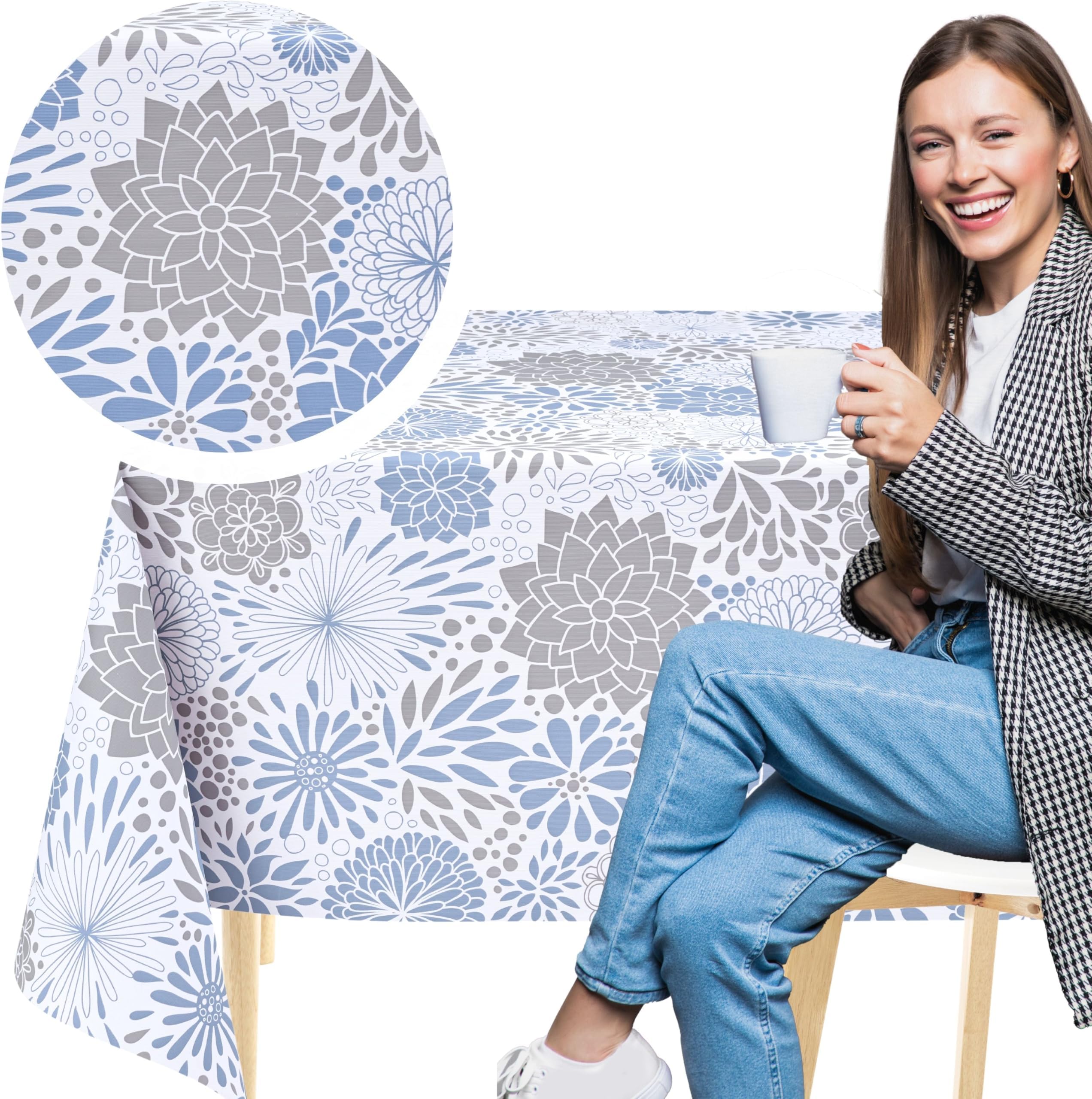 KP HOME White PVC Table Cloth Wipe Clean Tablecloth with Blue and Grey Flowers - Rectangular 78.7"x 55.1" 200x140 cm Waterproof and Wipeable Plastic Table Cover Floral Harmony Vinyl Oilcloth Outdoor