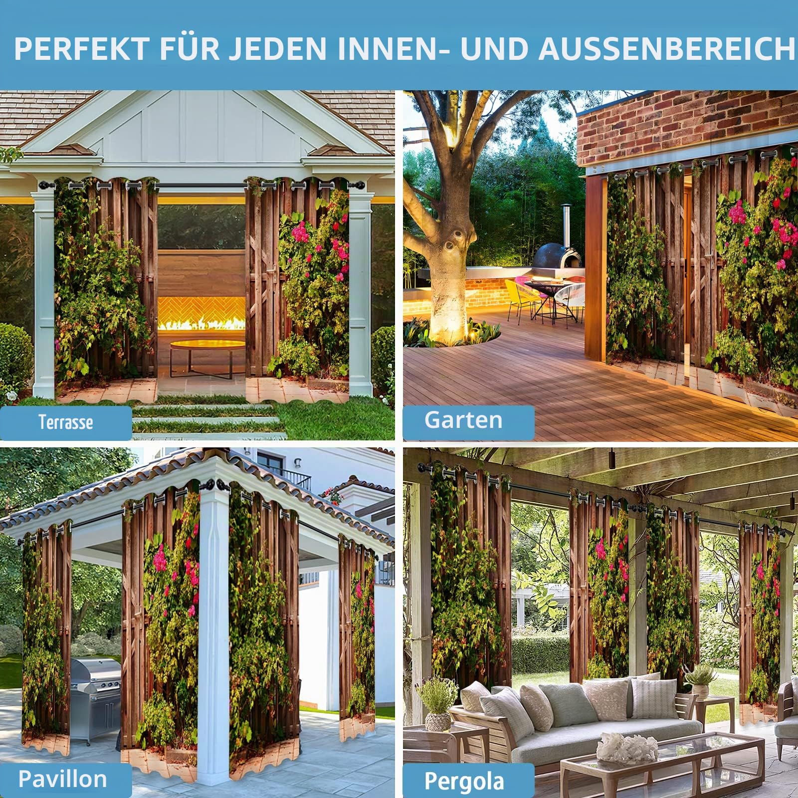 Outdoor Vorhang Wetterfest, Verdunkelungsvorhang Sonnenschutz Sichtschutz Vorhänge für Garten Terrasse Balkon Pavillon Pergola, 2 Stück 132 x 213 cm, 3D Gartentor