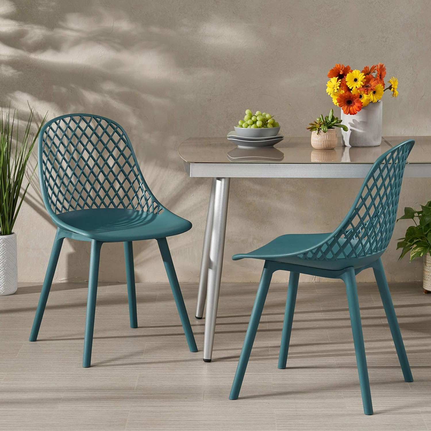 Christopher Knight Home Linda Modern Patio Outdoor Dining Chairs Set of 2, Outside Dinner, Garden/Balcony/Poolside 2 Accent Chairs, Diamond Mesh Pattern Curved Backrest, Weather Resistant, Teal