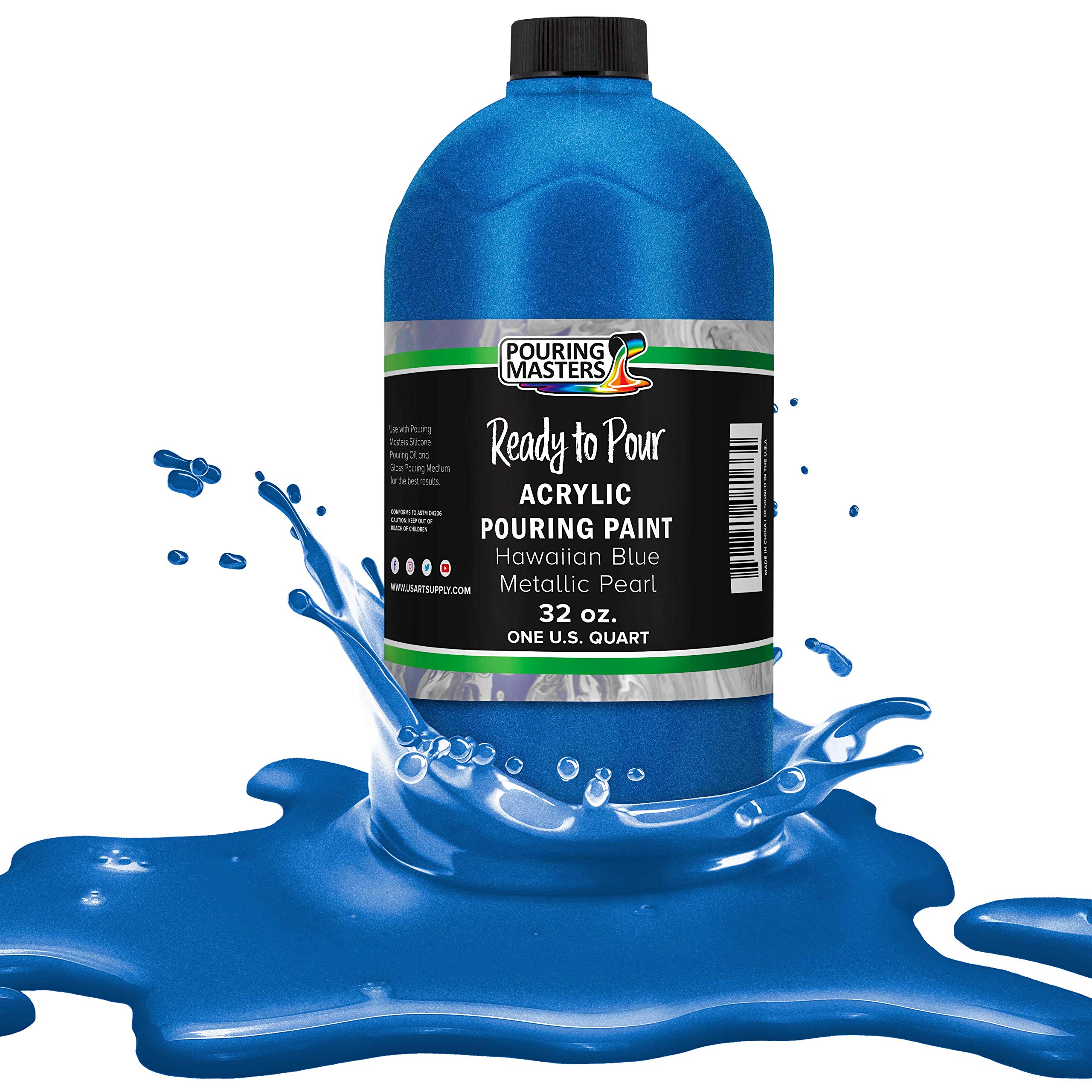 Pouring Masters Hawaiian Blue Metallic Pearl Ready to Pour Acrylic Pouring Paint - Premium 32-Ounce Pre-Mixed Fluid Acrylic Paint - Fluid Art Supplies
