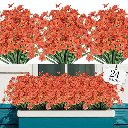 AGIRL 24 Bundles Artificial Fall Flowers Outdoor Indoor Decoration,Fake Plastic Flowers,Faux Autumn Plants for Thanksgiving Fall Decor,for Hanging Outside Garden Front Door Porch Patio Window Box