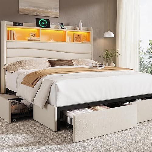 Miniatura 12 de Base de cama tamaño Queen con 6 cajones de almacenamiento, plataforma tapizada de lino con estación de carga y luces LED, diseño de cabecera en