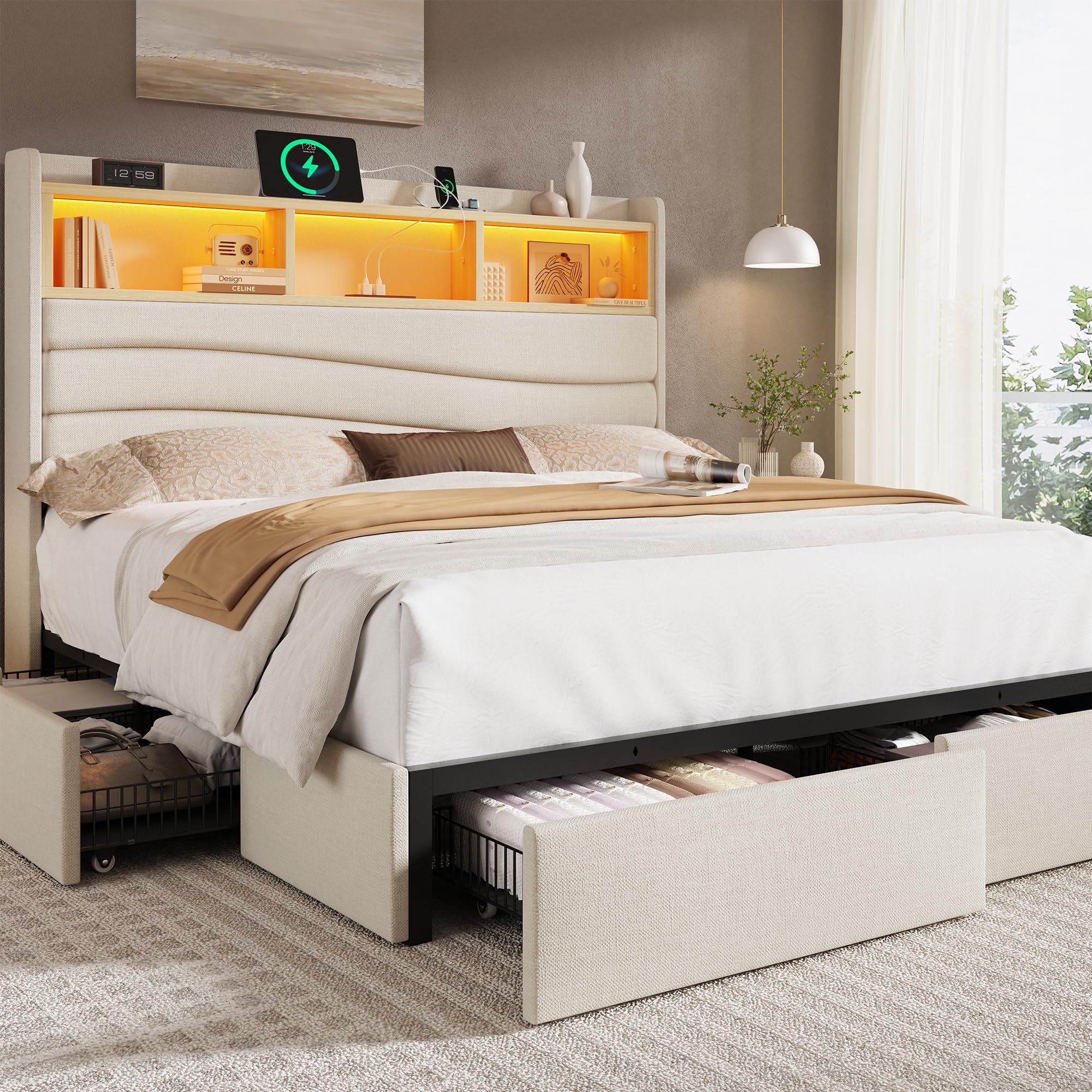 King Size Bed Frame with 6 Storage Drawers Linen Upholstered Platform Bed with Charging Station LED Lights 2-Tier