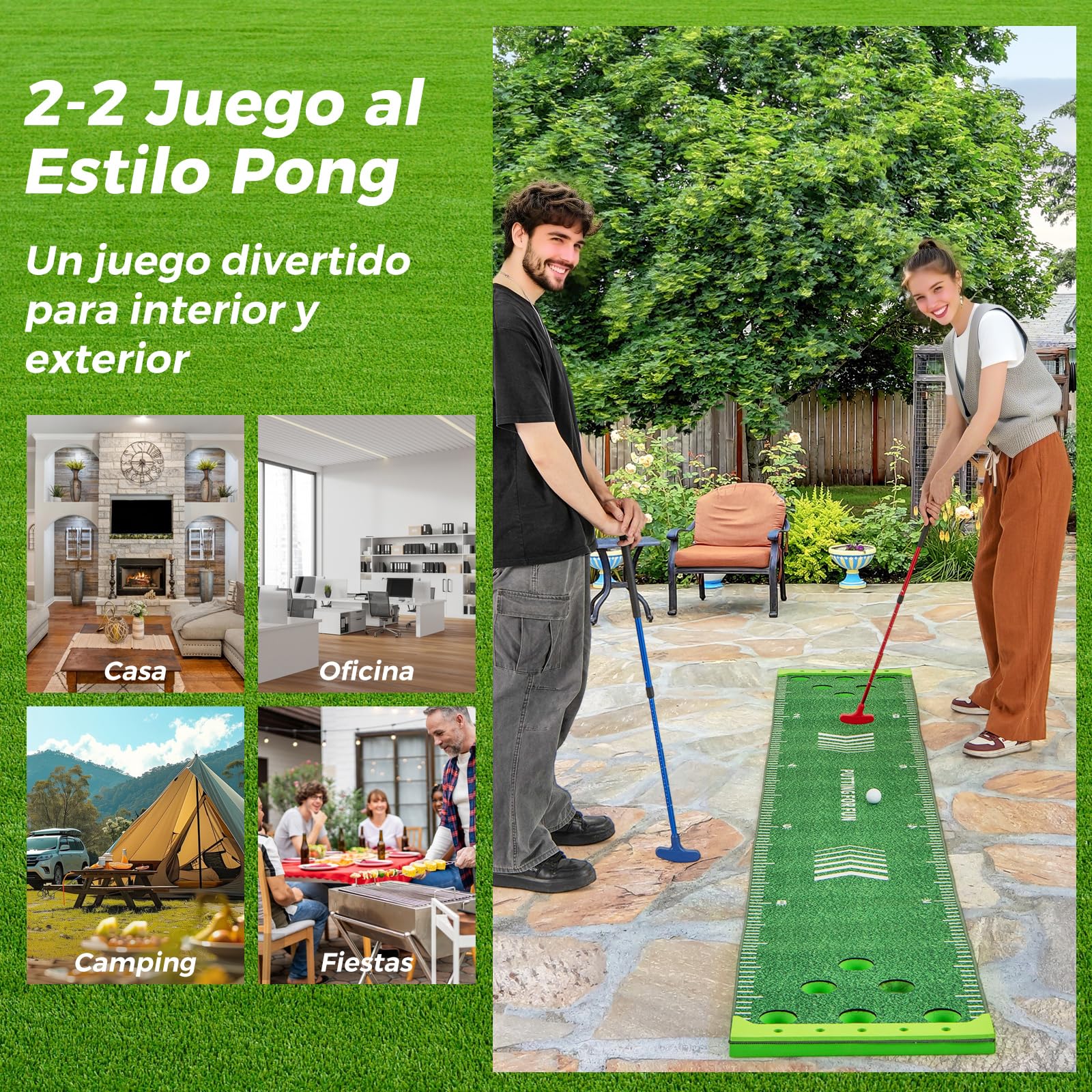 COSTWAY Juego de Golf Pong, Alfombra de Putting de 332 cm con 2 Putters Ajustables, 6 Bolas y 12 Tapas para Agujeros, Alfombrilla de Entrenamiento de Golf Interior Exterior Jardín Oficina