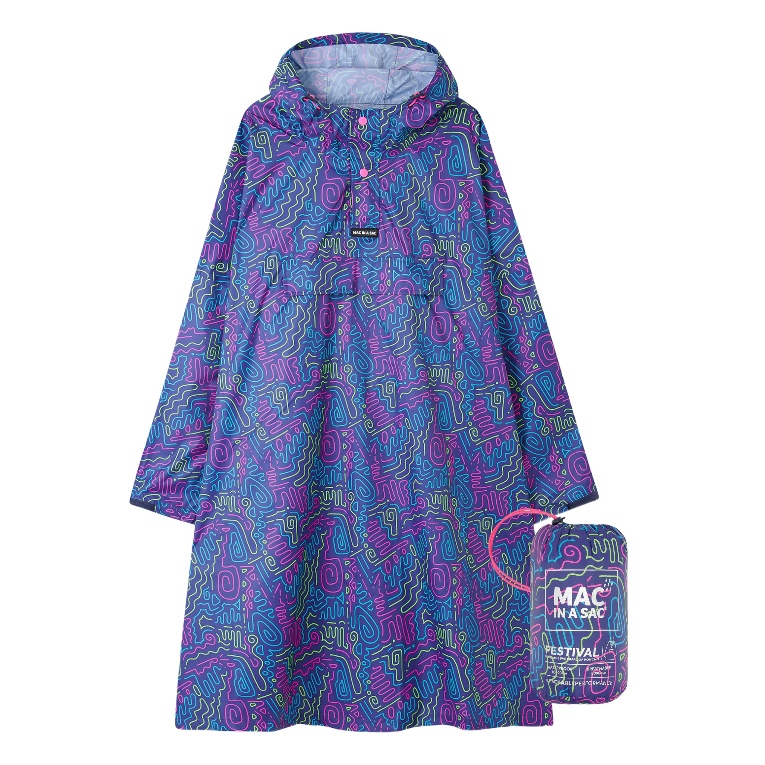 Mac in a Sac Festival Poncho - Packable Waterproof Cape - Unisex - Highly Breathable (8,000gsm) - Adjustable Snap Sides - Neon Jazz